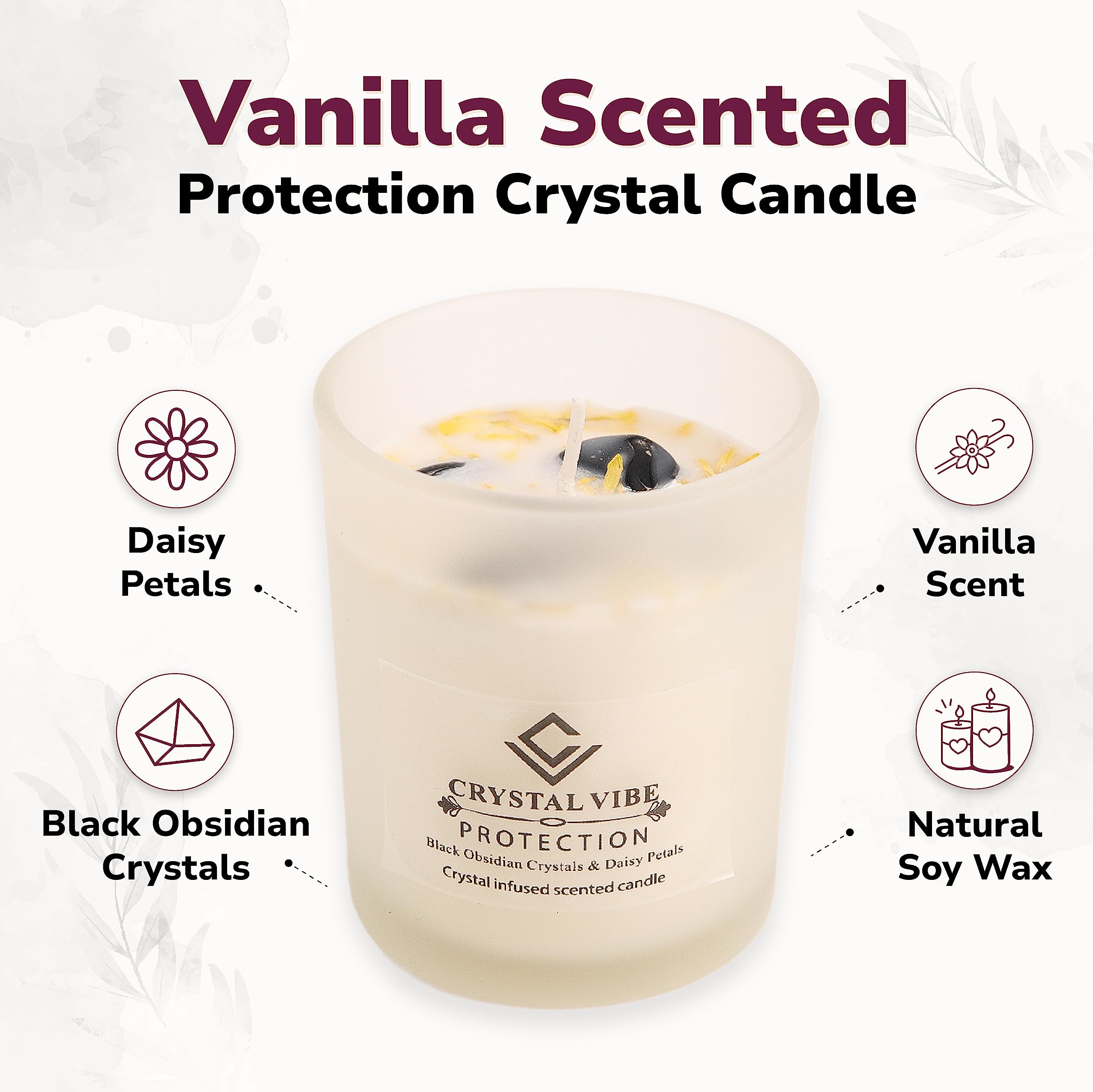 Crystal Vibe Protection Crystal Candle With Black Obsidian Crystals and Daisy Petals - Natural Soy Candles - Vanilla Scented Aromatherapy Candle Gifts for Christmas Birthdays