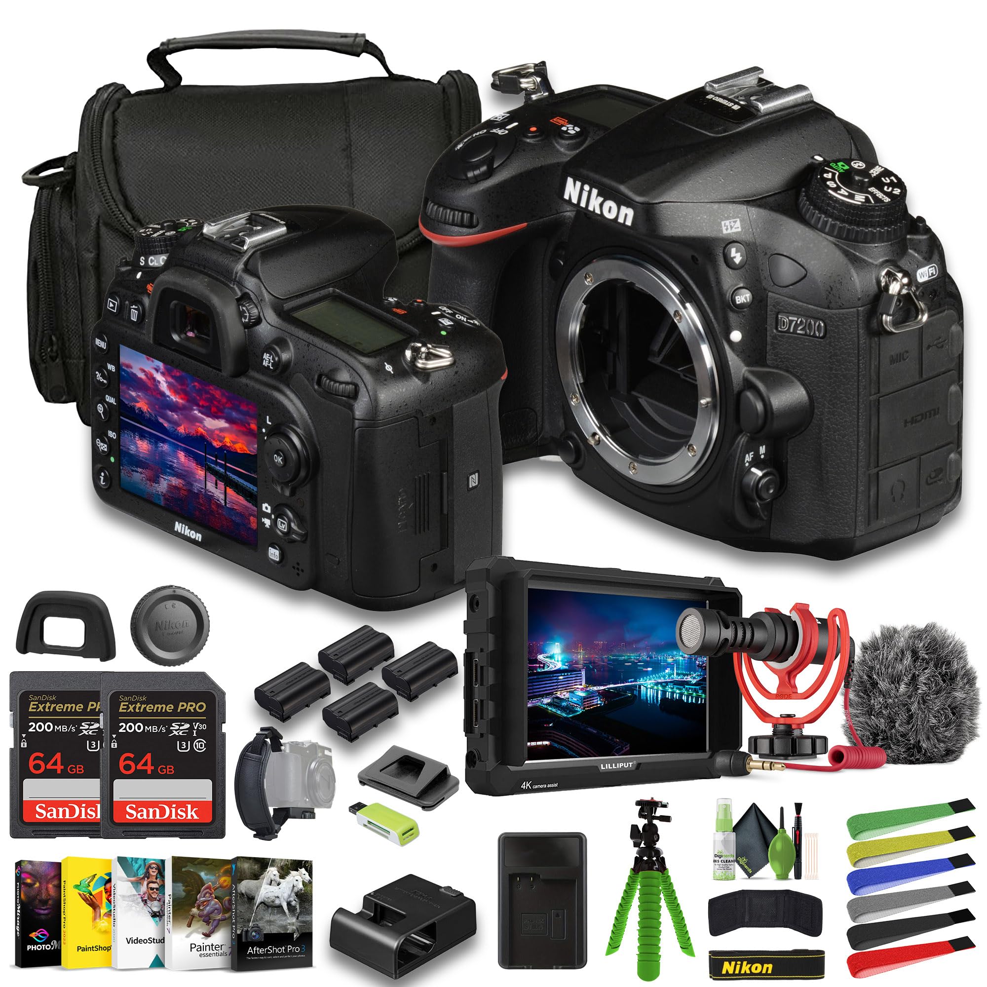 Nikon D7200 24.2 MP DX-Format Digital SLR Camera + 3X EN-EL15C Battery + External Charger + 2X Extreme PRO 64GB Card + 12 Inch Flex Tripod + Photo Editing Software + Mic + External Monitor + More