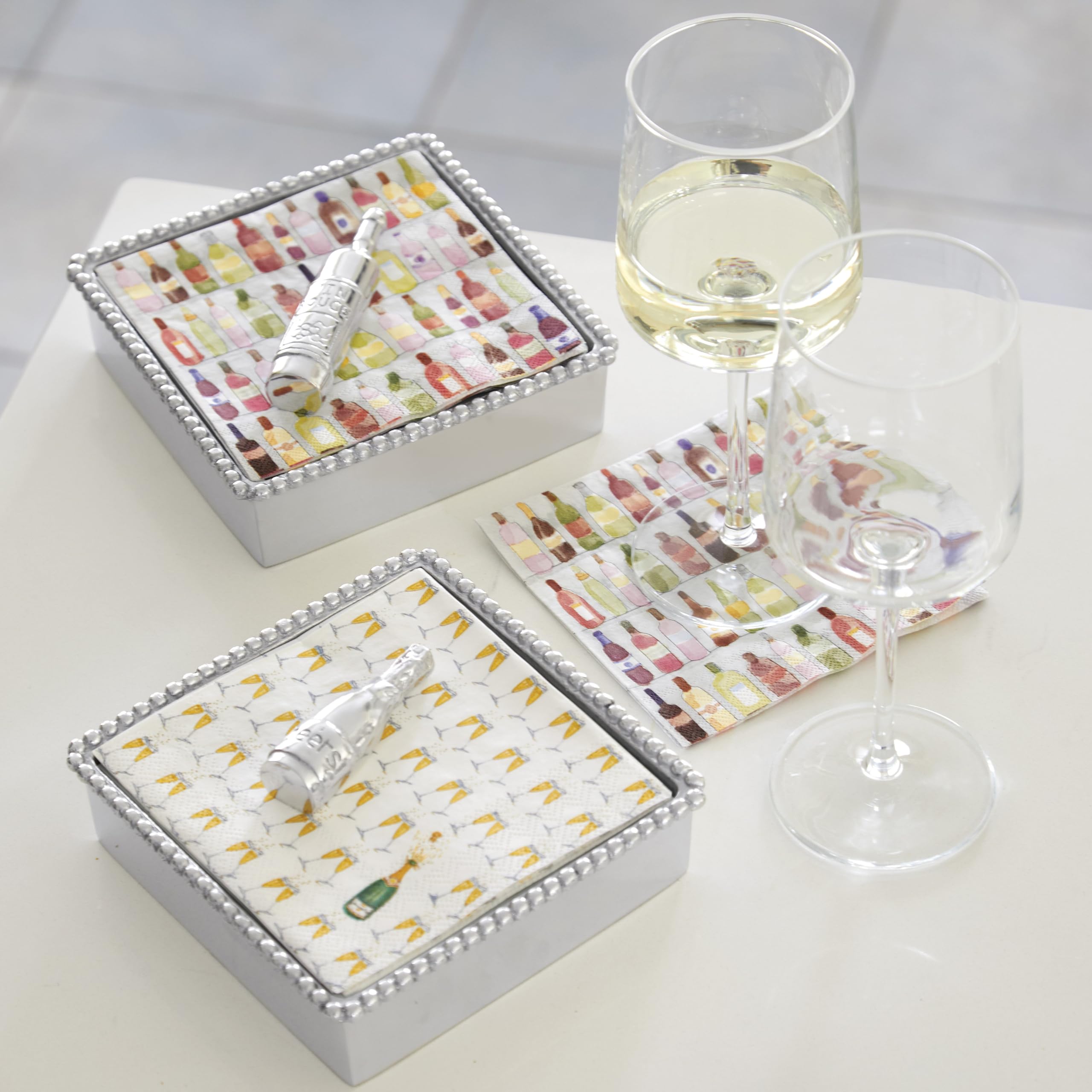 MARIPOSA Wine Bottle Beaded Napkin Box, Cocktail, Silver