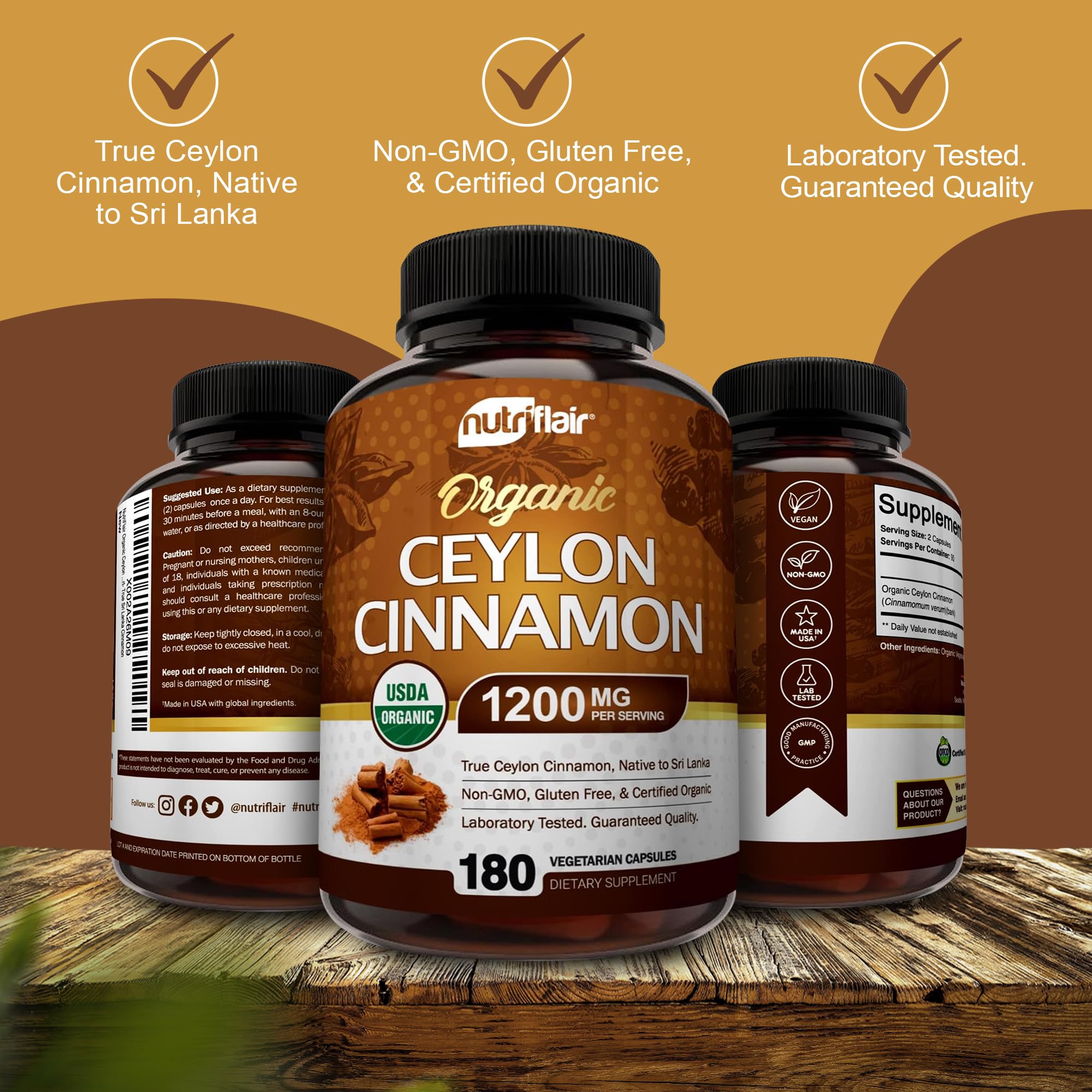 NutriFlair Organic Ceylon Cinnamon (100% Certified Organic Ceylon Cinnamon) 1200mg per Serving, 180 Capsules - Joints, Inflammatory, Antioxidant