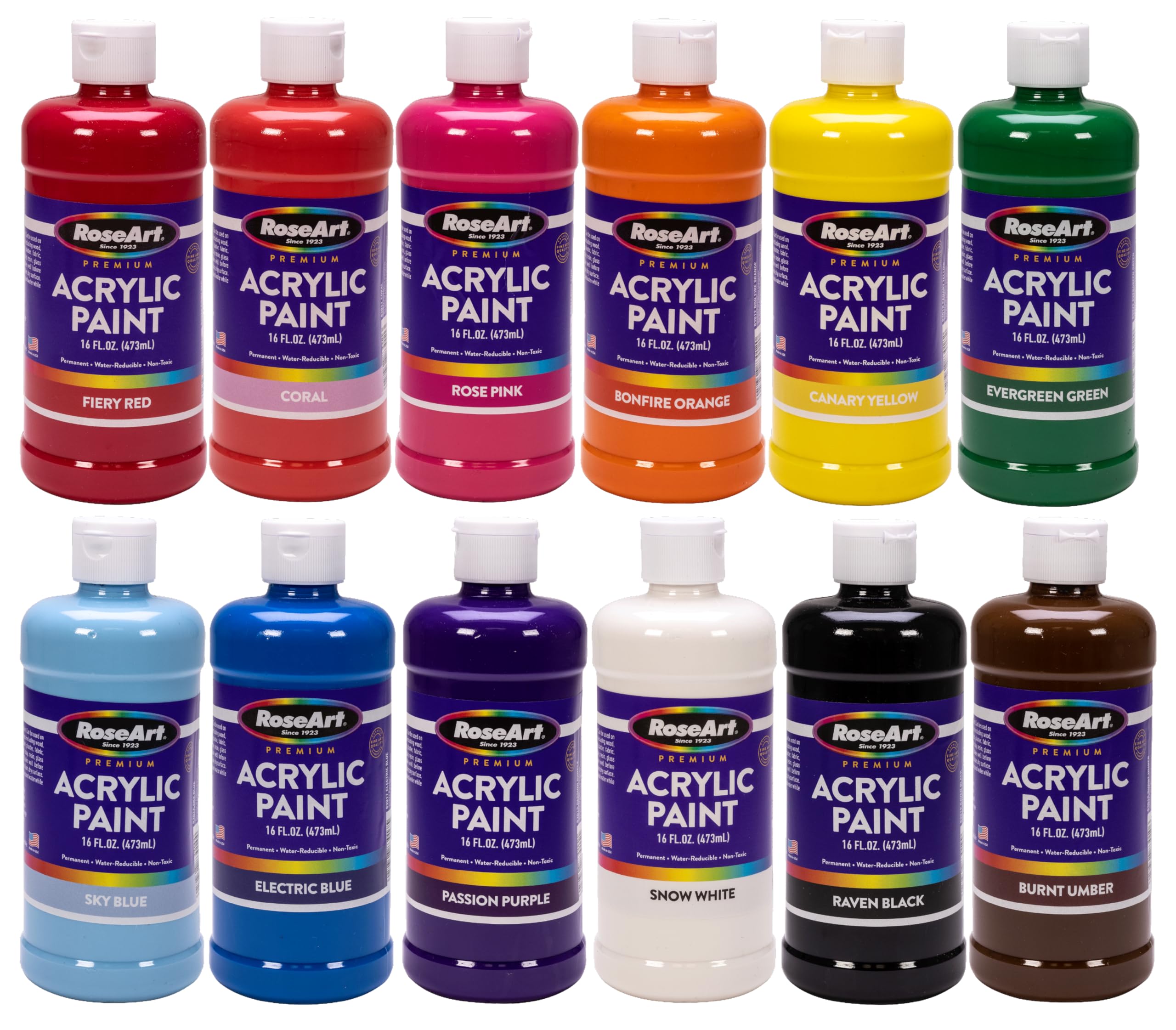 RoseArt acrylic Paint Set – Set of 12 Vibrant Colors in 16oz Bottles