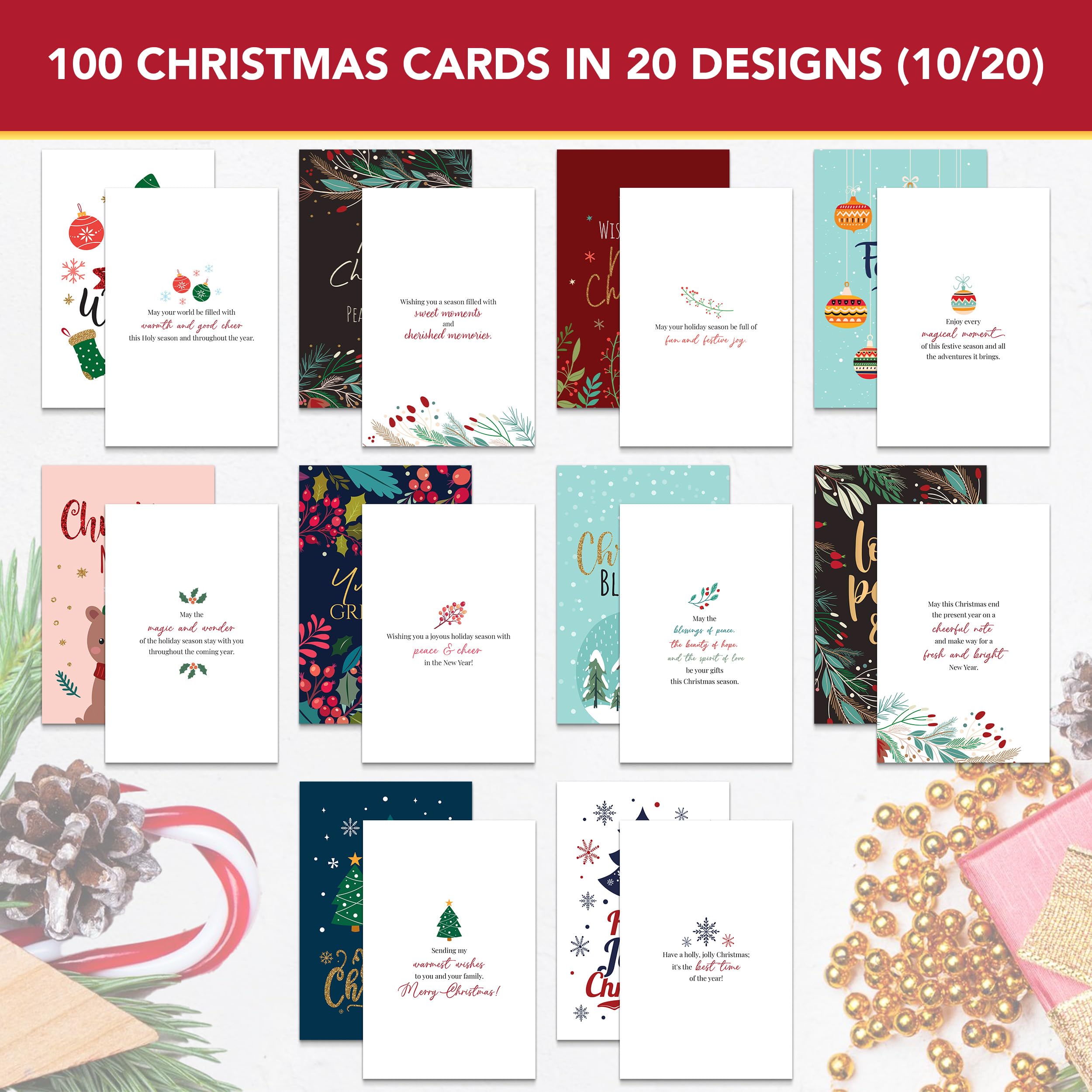 Decorably 100 Pack Foiled & Glittery Assorted Christmas Cards with Envelopes & Stickers, 20 Designs Printed Message Inside Holiday Cards Bulk with Envelopes, 4x6in Bulk Christmas Cards with Envelopes