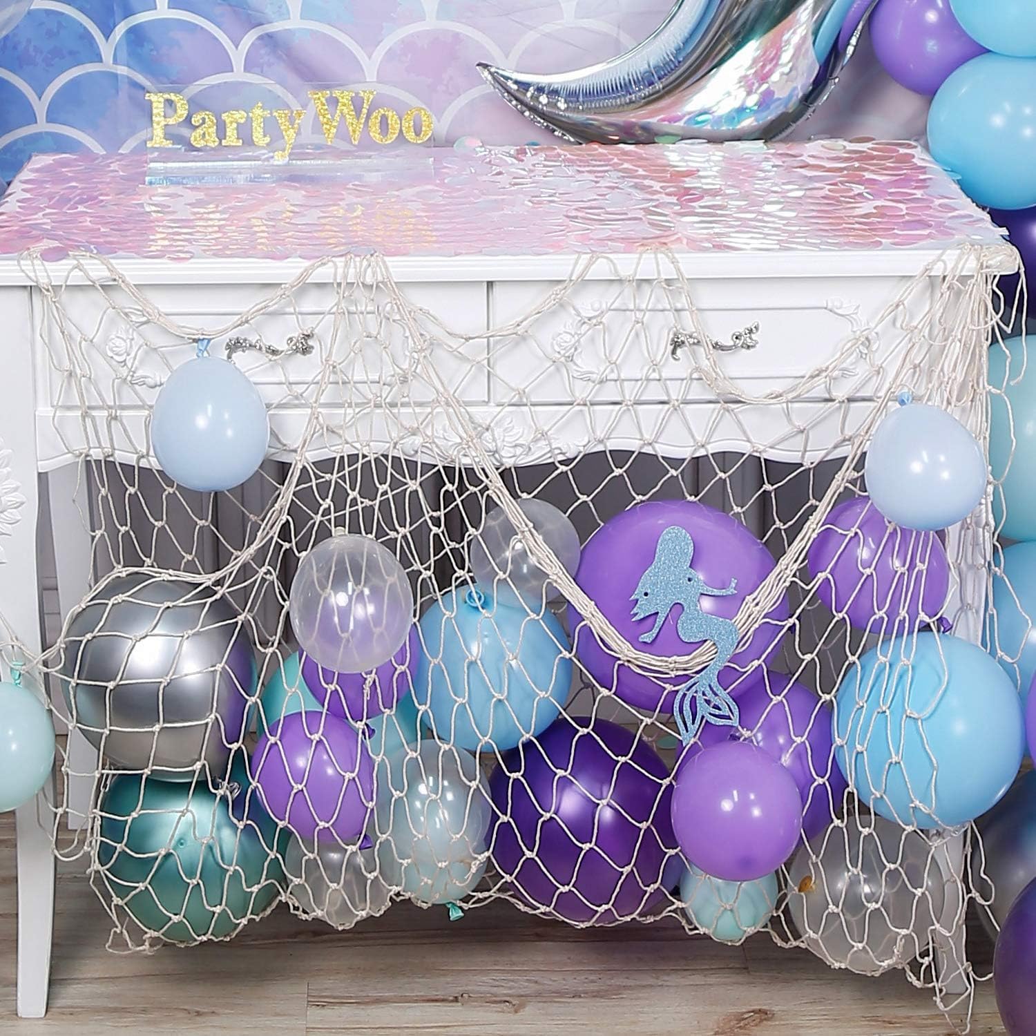 PartyWoo Mermaid Balloons Garland Kit, 180pcs Mermaid Backdrop, Mermaid Tail Balloons, Mermaid Stickers, Paper Jellyfish, Giant Bobo Balloons, Green Silver Purple Metallic Balloons, Blue Mint Balloons