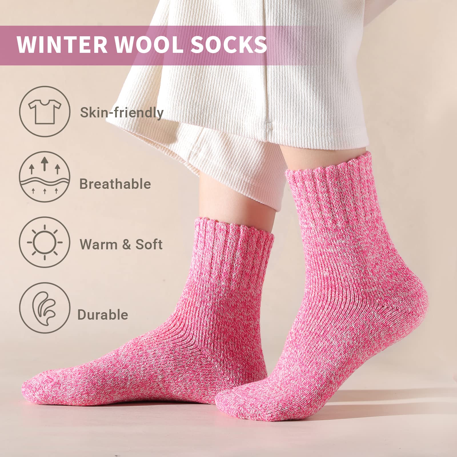 Clothclose 5 Pairs Wool Socks, Winter Wool Socks for Women, Crew Socks Boot Socks for Women