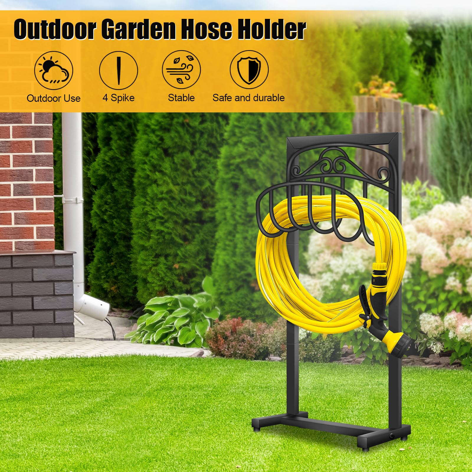 Shomextol Garden Hose Holder -Freestanding Heavy Duty Hose Hanger,Upgraded Water Hose Holder for 100-feet Hose,Sturdy Hose Stand and Hose Storage Rack for Lawn & Yard,Black(Long Beard style)