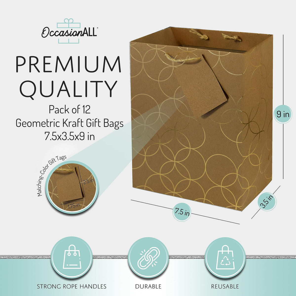 OccasionALL Gold Brown Gift Bags 12 Pack 7.5x3.5x9 Medium Geometric Print Kraft Paper Bags with Handles for Christmas, Holidays, Weddings, Birthdays, Bulk Shopping