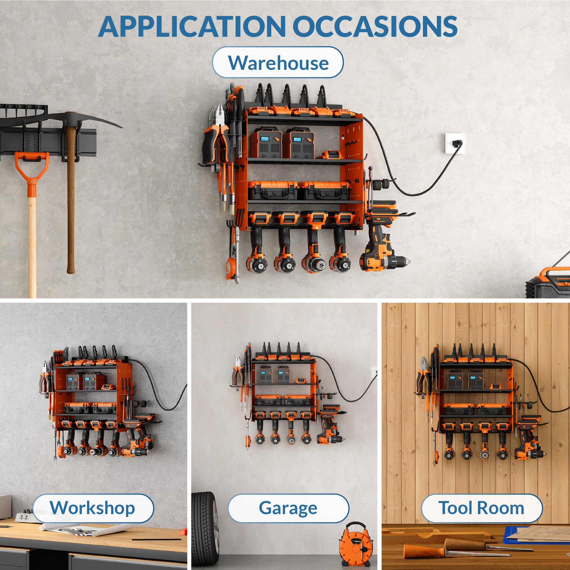 Sttoraboks Modular Power Tool Organizer with Charging Station, Wall Mount Garage Shelf Rack with Hooks for 6 Drills, 4-Layer Shelf, Heavy Duty Tool Battry Holder Built in 8 Outlet Power Strip, Orange