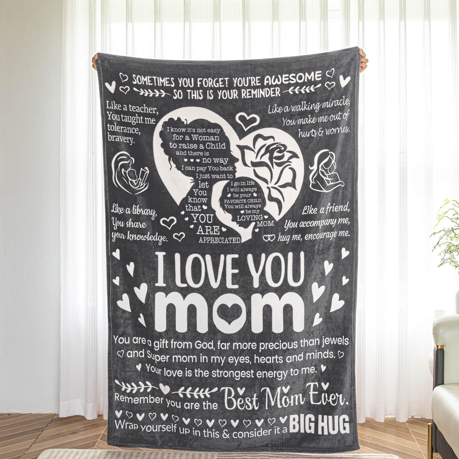 Mothers Day Blankets for Mom from Daughter & Son, I Love You Mom Gifts Blankets, Warm Soft Blankets for Mom, Mom Birthday Gifts, Best Mom Ever Gifts Blankets, 50" x 70"(Grey)