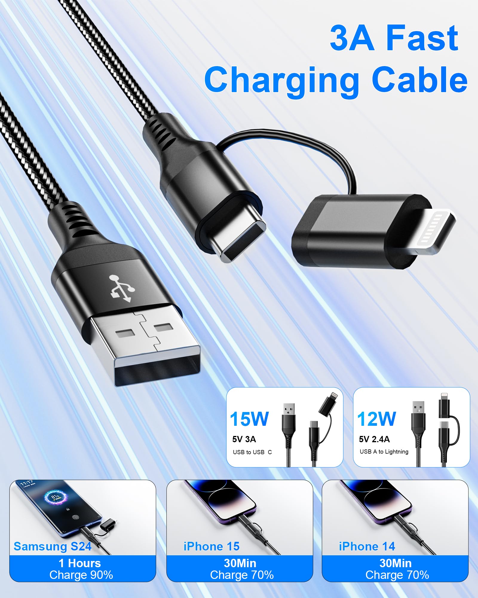 USB to USB C and Lightning Cable 6FT, Nylon Braided iPhone Charging Cable USB C and Lightning Cable 2 in 1 Carplay Cord, for iPhone 15 14 13 12 11 Pro Max Plus 8 X XS XR and Android Phone