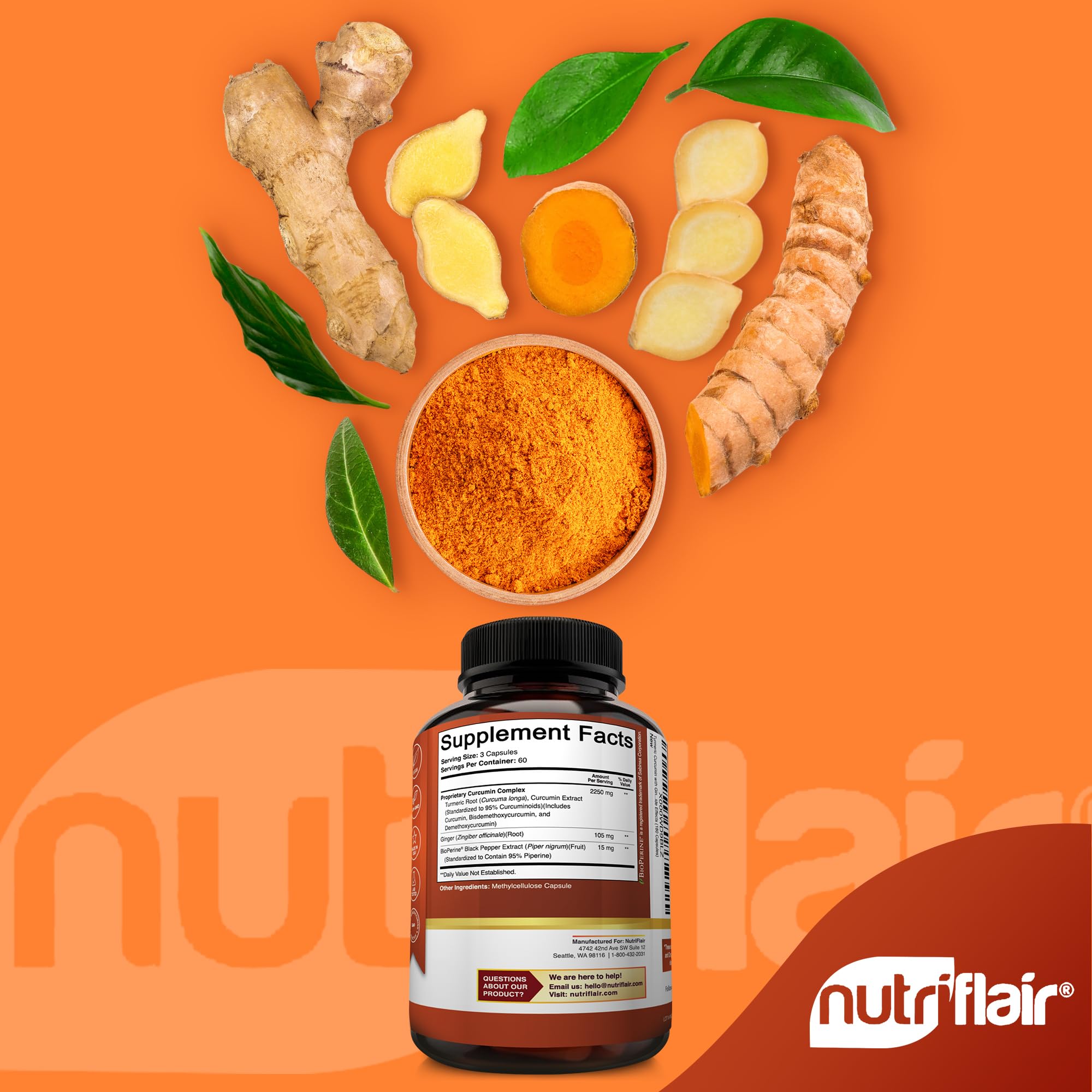 NutriFlair Turmeric Curcumin with Ginger and BioPerine Black Pepper Supplements, 180 Capsules - 95% Curcuminoids - Joint Support, Antioxidant, Anti Aging - Natural, Non-GMO, Vegan Best Maximum Potency