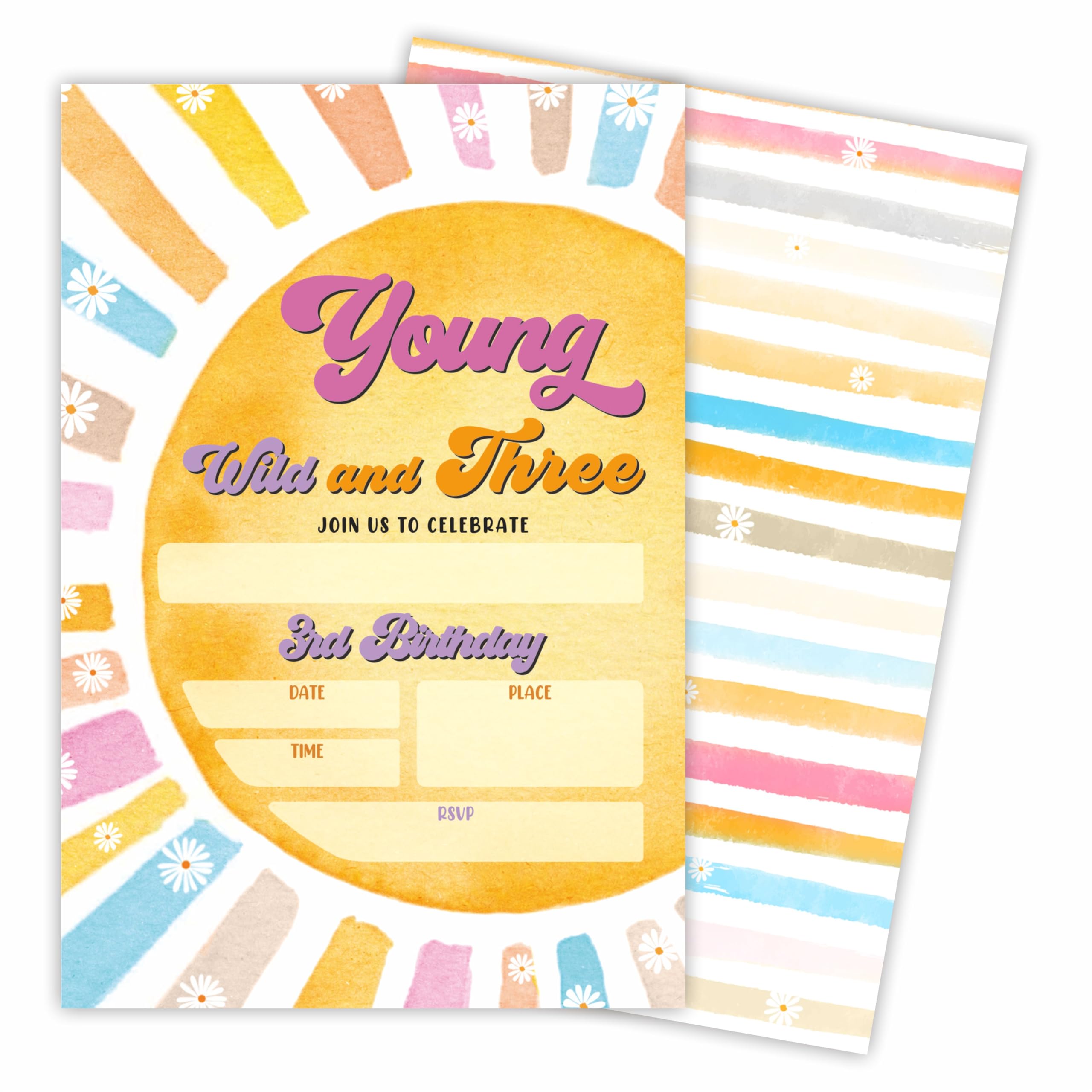 Young Wild And Three - 20 Birthday Invitations With Envelopes - Watercolor Sunshine - 3rd Double-Sided Fill In Style Birthday Invite Cards For Kids, Boys & Girls, Party Favor & Decorations - B04