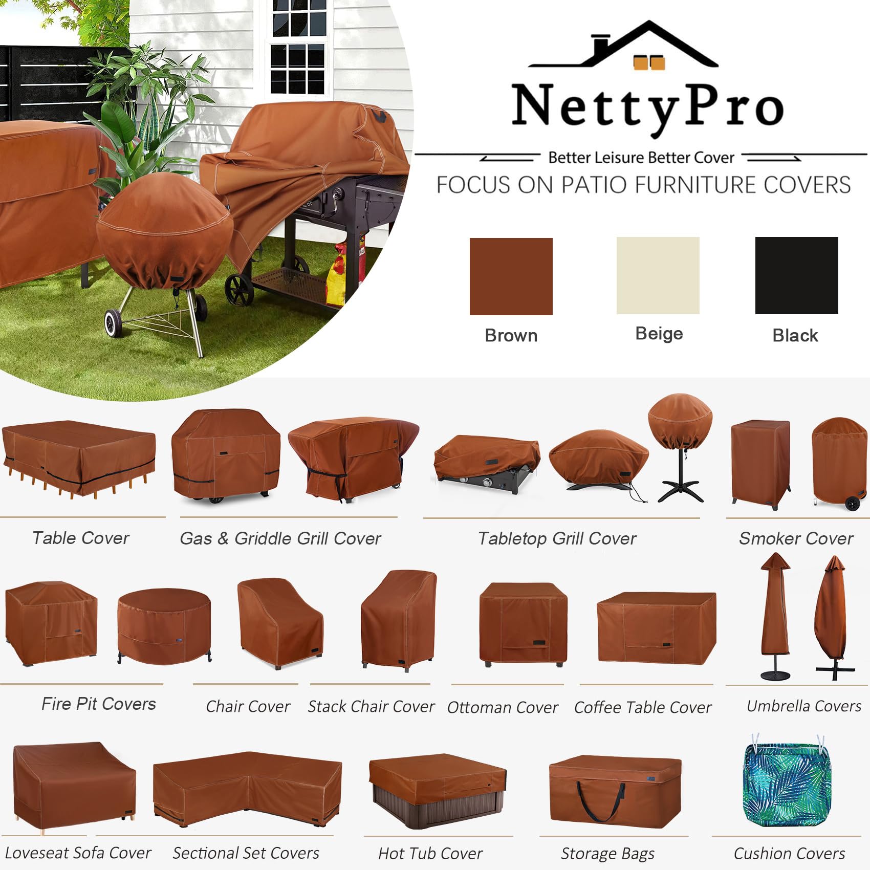 NettyPro Grill Cover for Small Q Series Grills, Waterproof Heavy Duty Portable Grill Cover for Q 1400/1000 Series and Baby Q Gas Grill, Brown