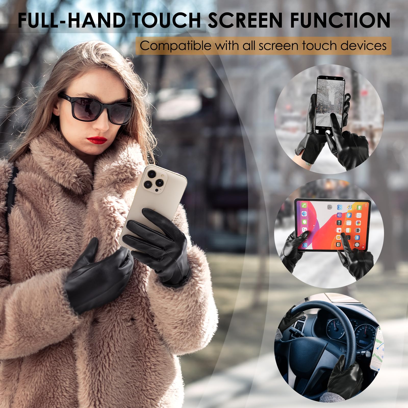 Leather Gloves for Women - Womens Black Leather Winter Gloves, Touchscreen Texting Driving Gloves Women, Warm Fleece Lined Winter Gloves for Women, Thermal Womens Gloves for Cold Weather, Large