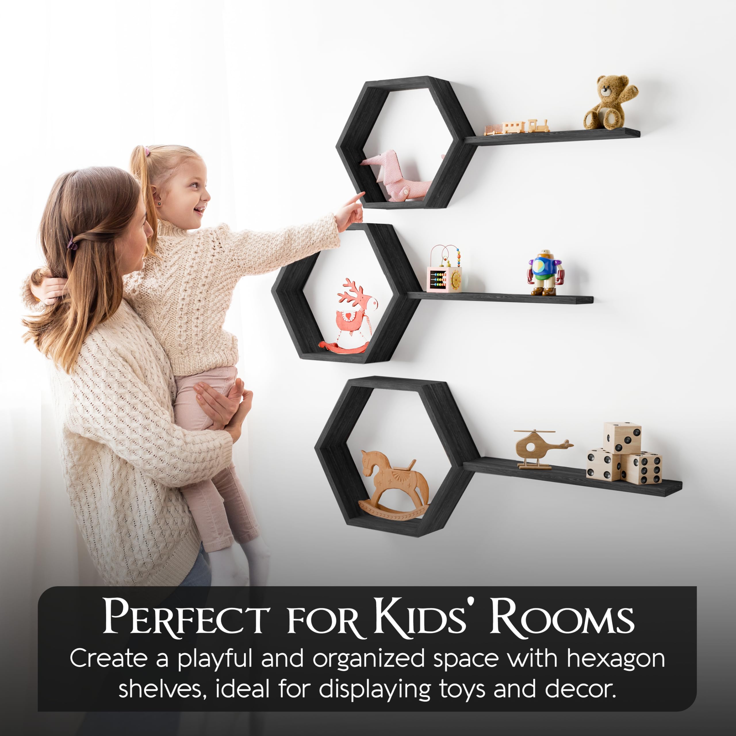 Decovate Hexagon Floating Shelves Set of 6 Honeycomb Shelves for Wall, Wooden Hexagon Shelves for Farmhouse Storage (Carbonized Black)