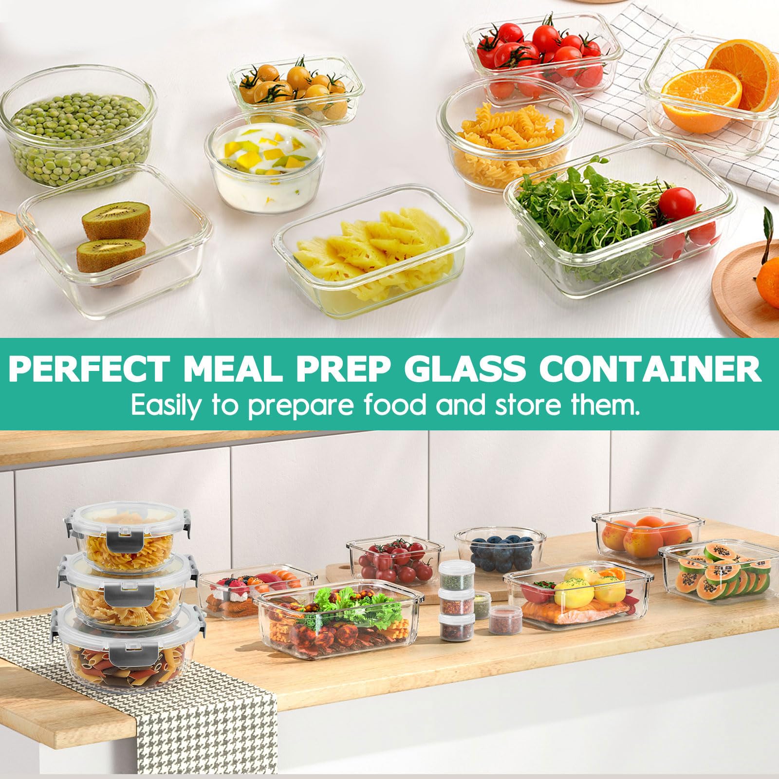 34pcs Glass Food Storage Containers with Lids Set, Airtight Glass Meal Prep Containers (17 Containers & 17 Lids),Leak Proof Lunch Containers BPA-Free, Microwave, Oven, Freezer, Dishwasher,Grey