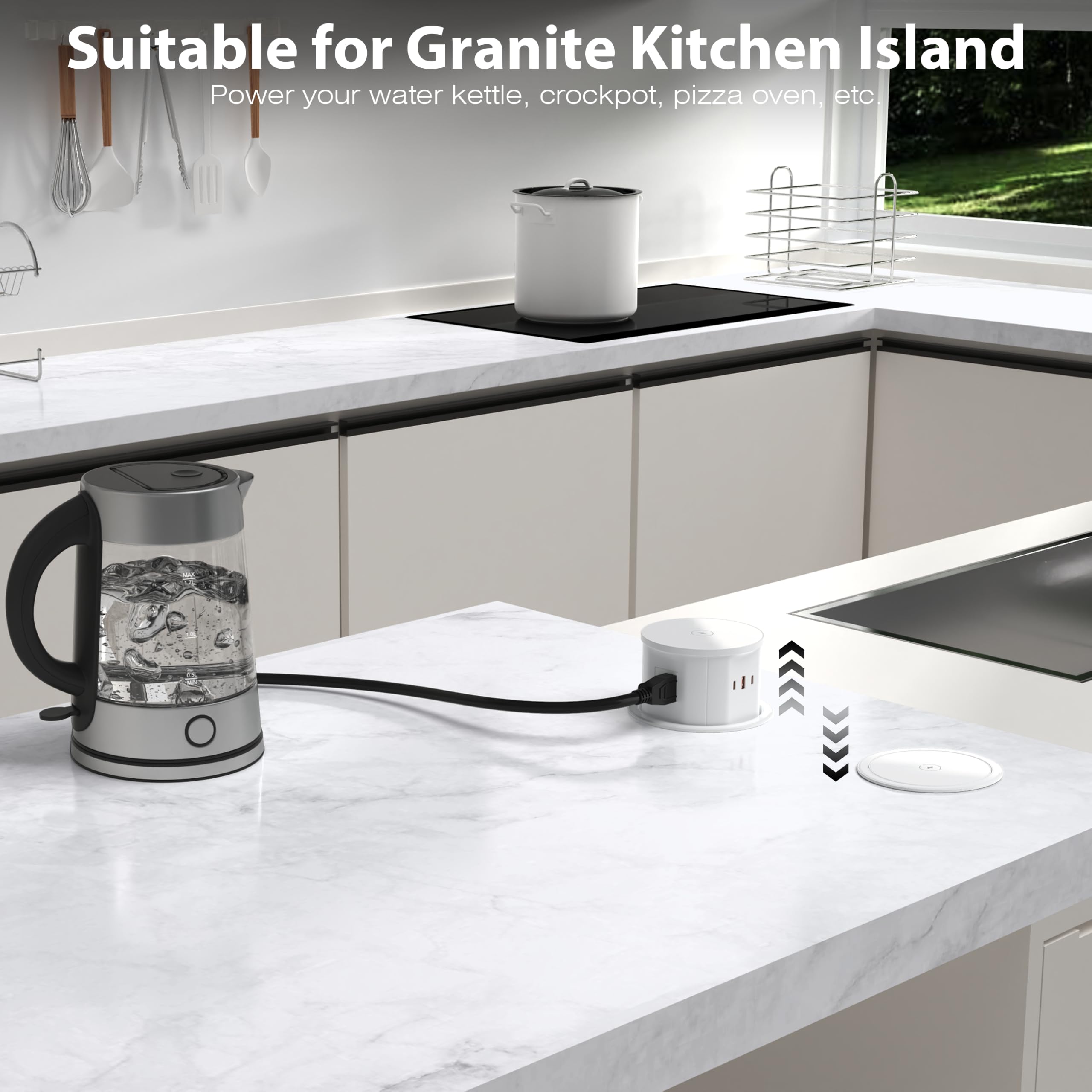 ANNQUAN 20 Amp Pop Up Countertop Outlet with 15W Wireless Charger,Max 65W Power Delivery,4.75" Pop Up Electrical Outlet with 3 Outlets 3 USB Ports for Home Office