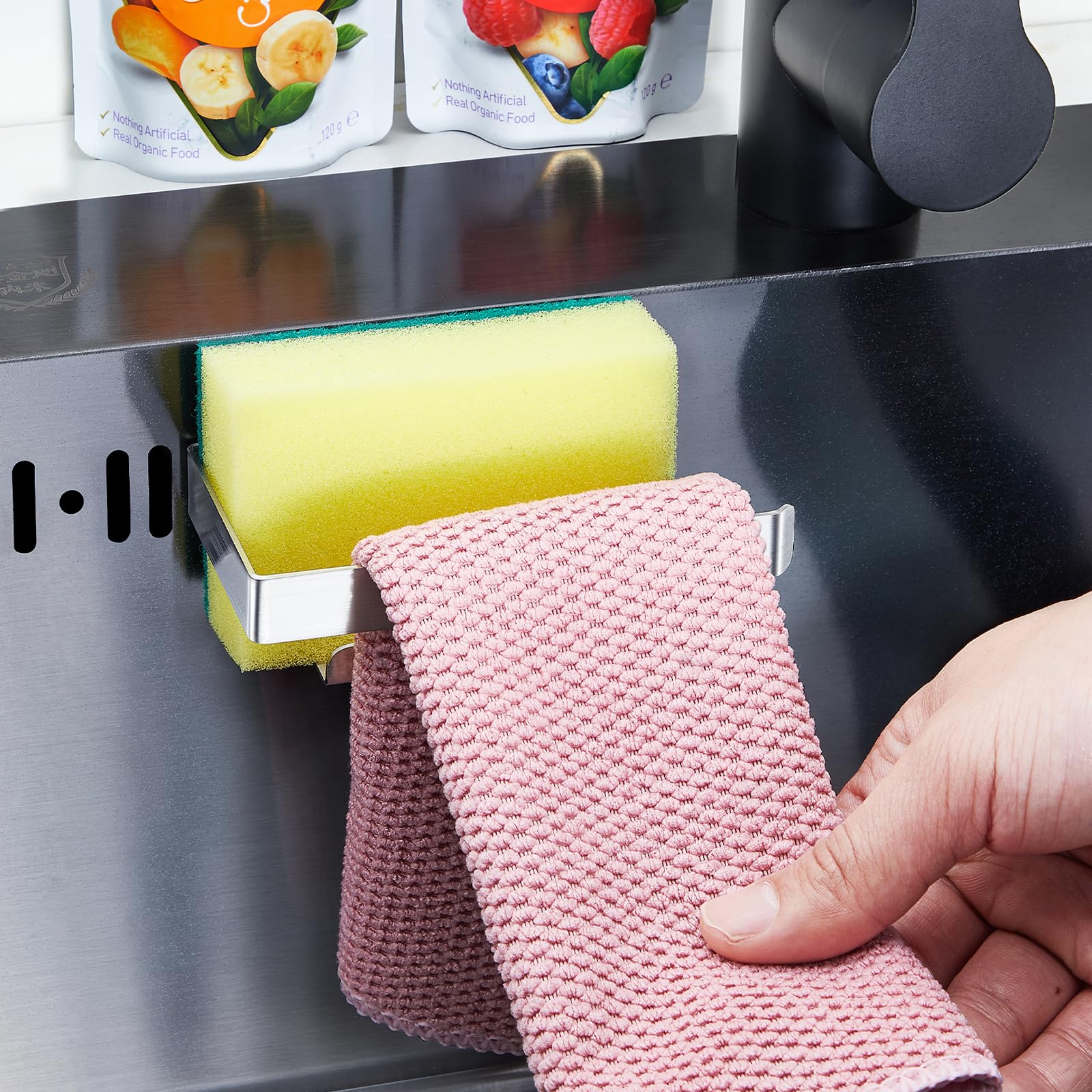 XILIMEN Sink Caddy Sponge Holder for Kitchen Sink Dish Cloth Hanger, Stainless Steel Sink Caddy Organizer Rack, 2-in-1 Adhesive Kitchen Sink Caddy for Sponge, Dish Cloth, Brush, Scrubber, Soap