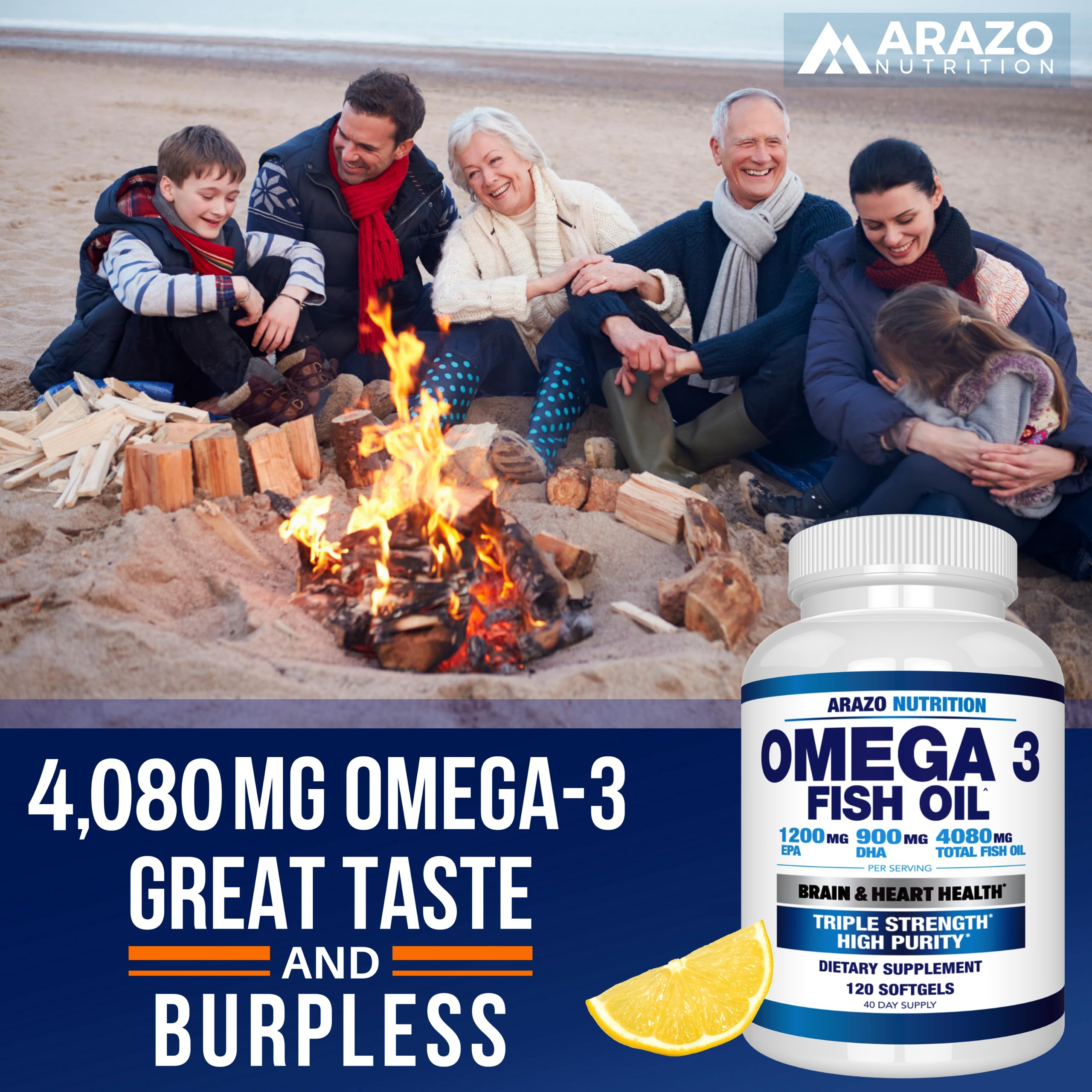 Arazo Nutrition Wild Caught Omega 3 Fish Oil – 120 Soft Gels – 4,080mg High EPA 1200mg DHA 900mg Lemon Flavor Burpless Softgels