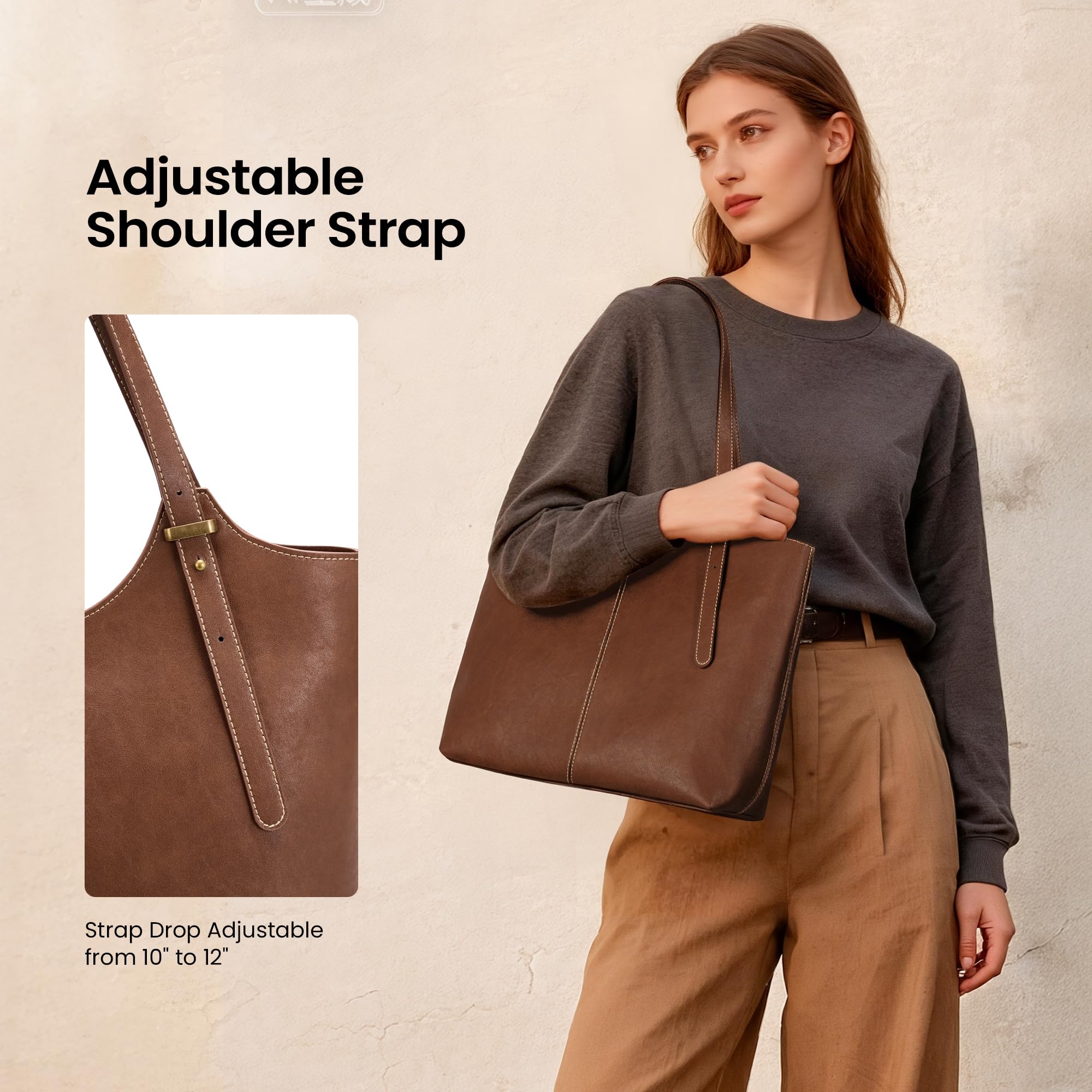befen Genuine Leather Tote Bags for Women Work, Real Brown Leather Shoulder Handbags Zippered Satchel Purses with Adjustable Strap for Casual Shopping Travel Taupe, Brown