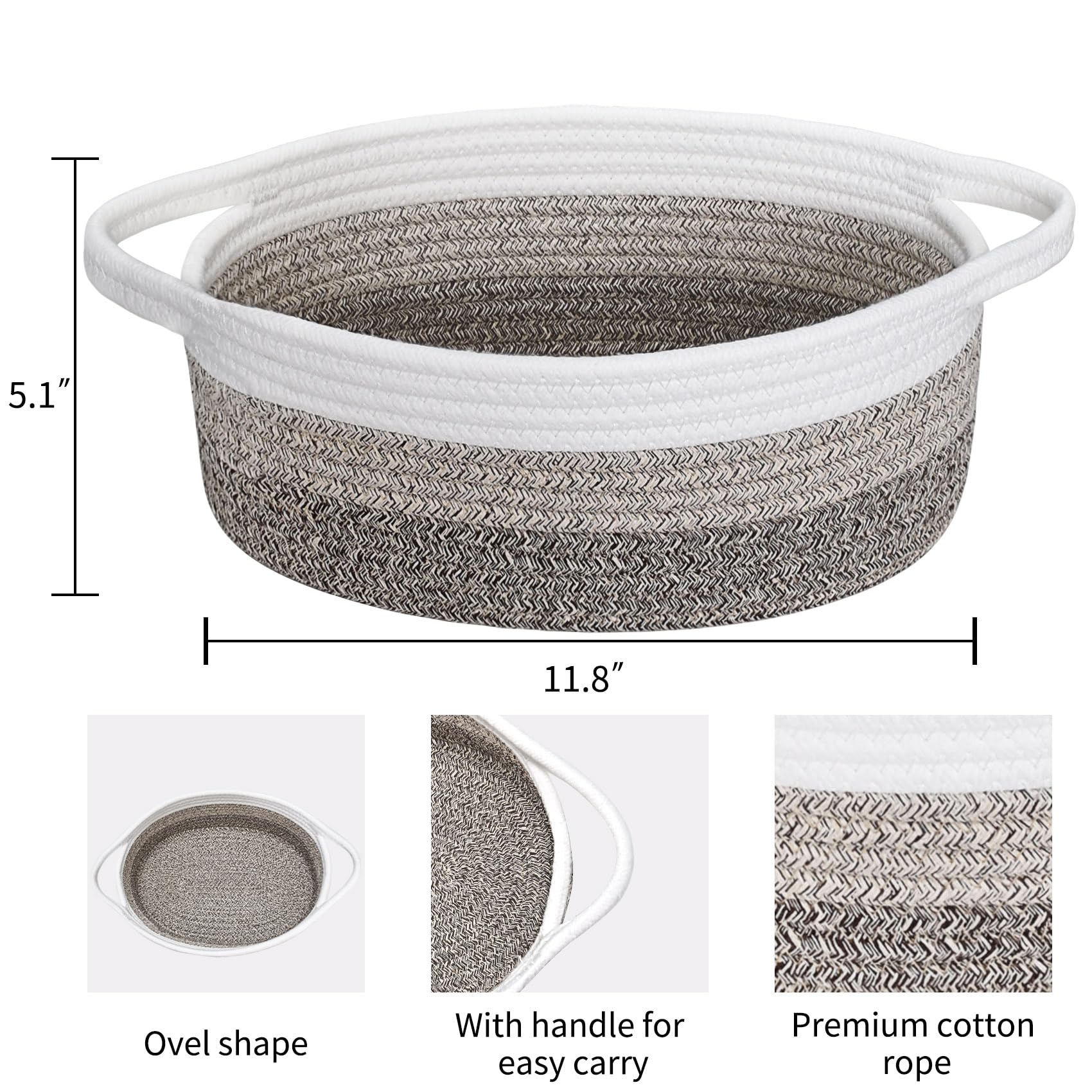 ABenkle Small Woven Basket, 12"x 8" x 5" Cute Small Basket, Rope Room Shelf Storage Basket, Cat Dog Toys Basket Chest Box, Empty Decorative Gift Basket with Handles - White & Mixed Brown & Dark Brown
