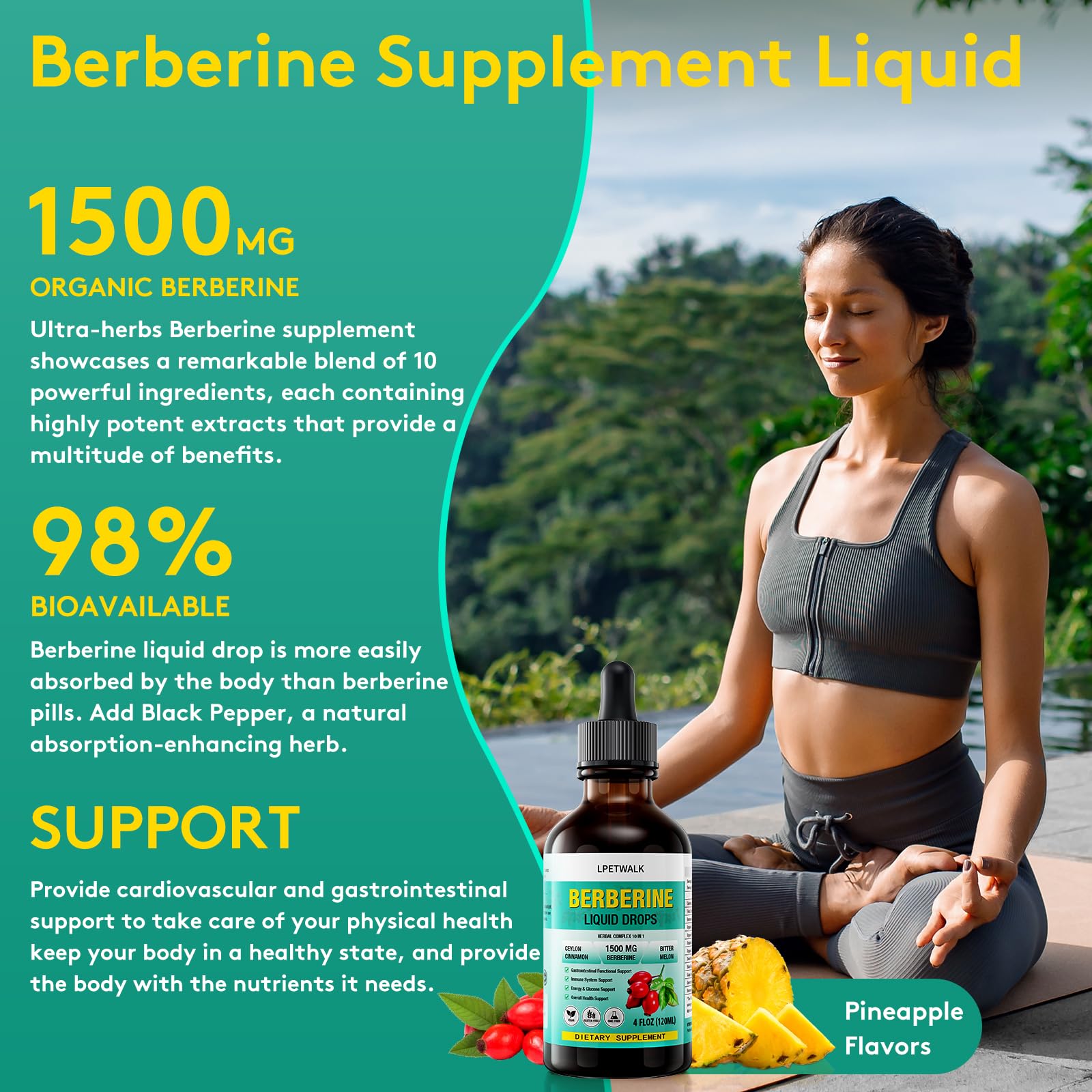 LPETWALK 4 FL Oz Organic Berberine Liquid Drops - Premium Berberine Supplement with Ceylon Cinnamon, Bitter Melon, Sugar-Free & Vegan Supplement Berberine Leaves Liquid, 98% Absorption - 120ML