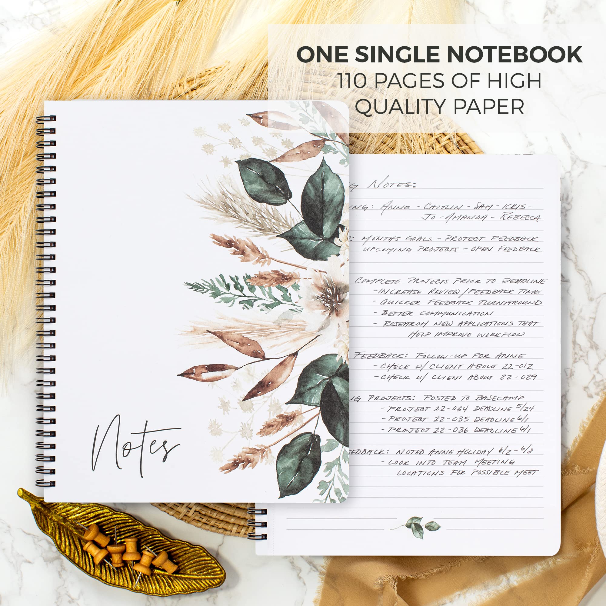 Aesthetic Spiral Notebook Journal For Women - Cute Dried Floral 10.5" x 8.5" College Ruled Notebook With Large Pockets And Lined Pages - Perfect to Stay Organized and Boost Productivity at Work or