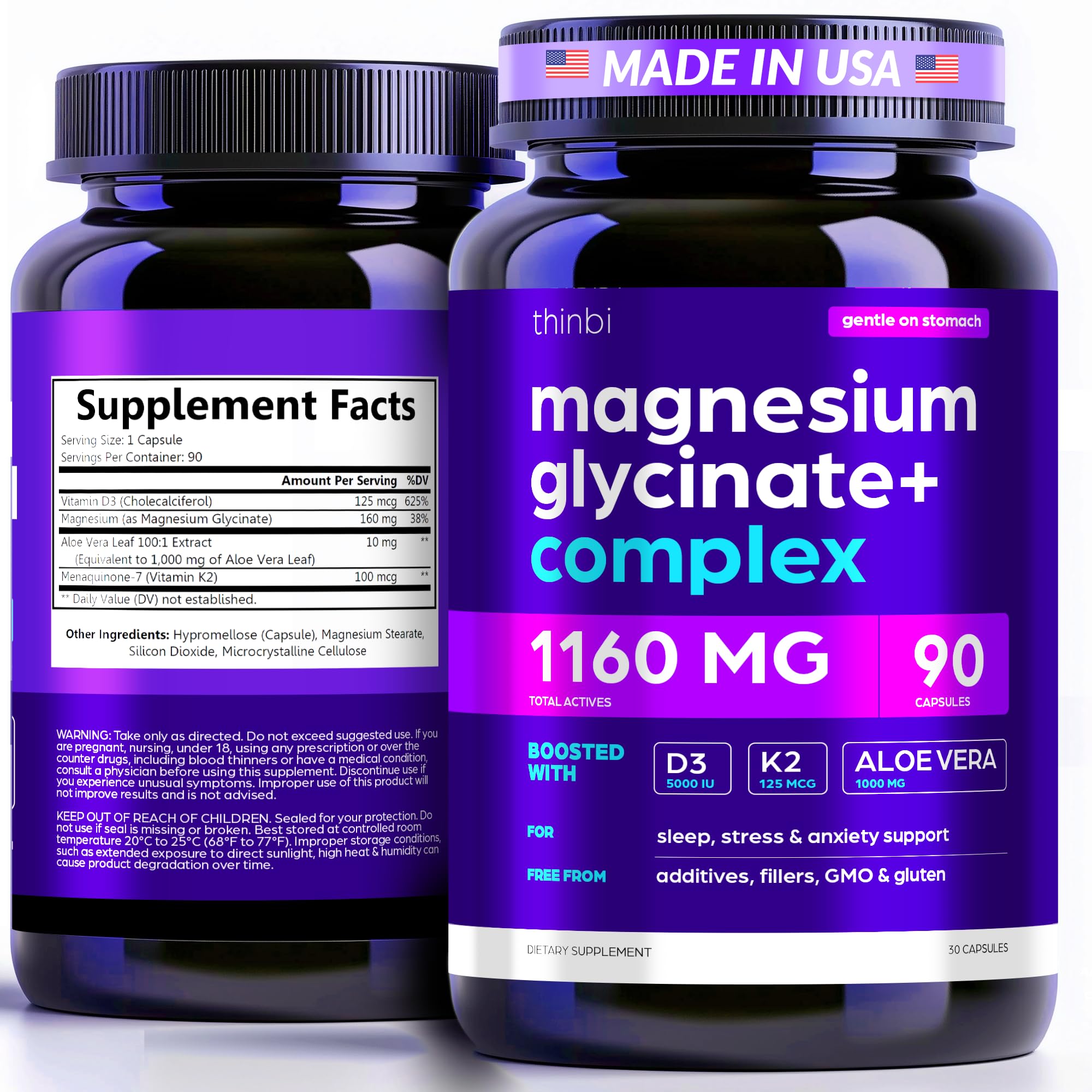 Magnesium Glycinate 1160mg + Aloe Vera, D3 & K2 Complex 90 Capsules - High Absorption, Non-Laxative - Supports Healthy Stress Response, Muscle Function & Healthy Metabolism Chelated Formula