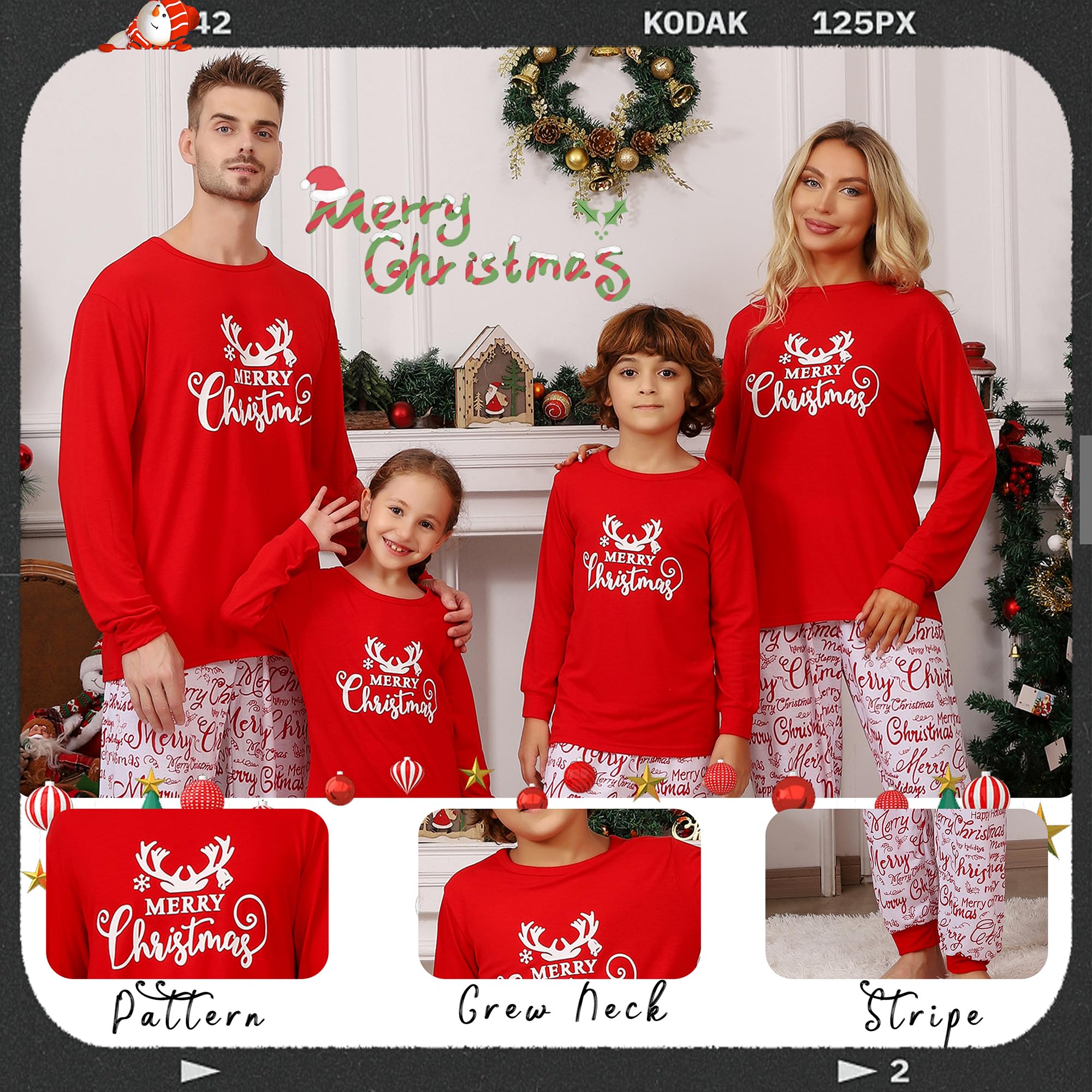 JAXUH Matching Family Christmas Pajamas, Cute Xmas Antler Print Pjs Sets for Couples/Adult, Holiday 2 Piece Sleepwear Nightwear Jammies (4-6 Years, Youth, Red Antlers)