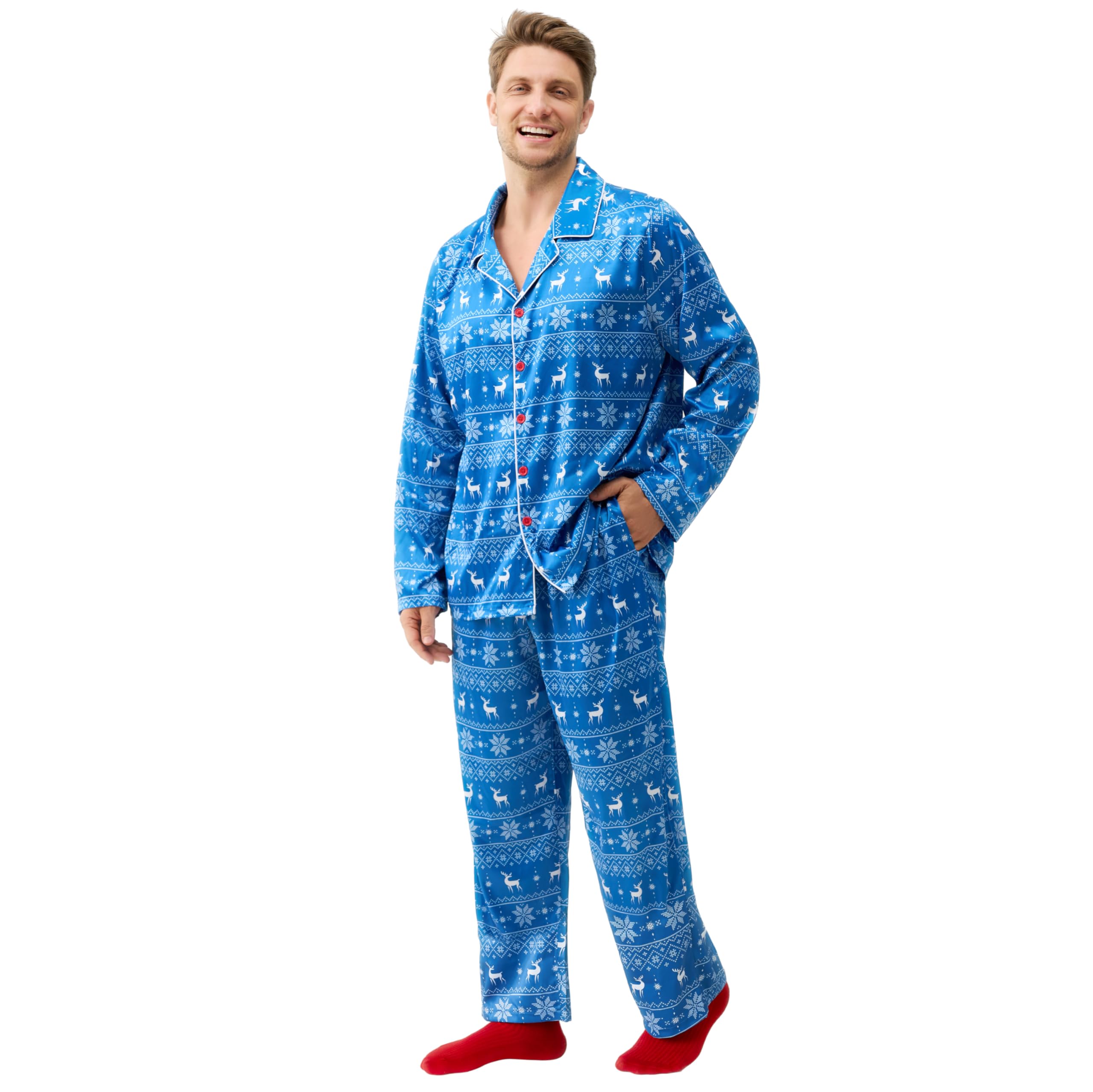 Giggling Getup Adult Christmas Pajamas, Silk Pajama Set with Christmas Pajama Pants and Long-Sleeve Top, for Holiday Pajamas Party-L Blue