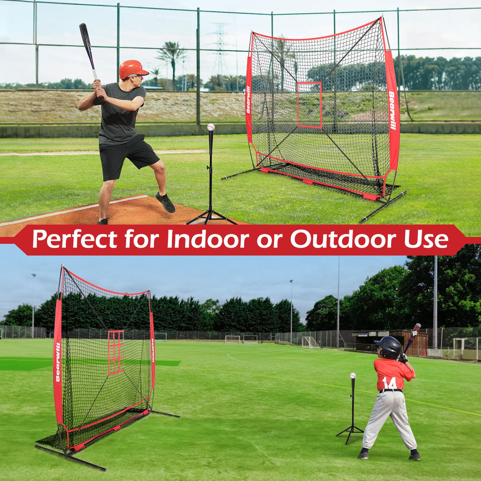 Bearwill Baseball Net, 7x7ft Baseball Softball Pitching Net with Large Ball Collection System, Hitting Net Batting Net with Tee, 2 Strike Zones, Carry Bag, Baseball Nets for Batting Hitting Pitching