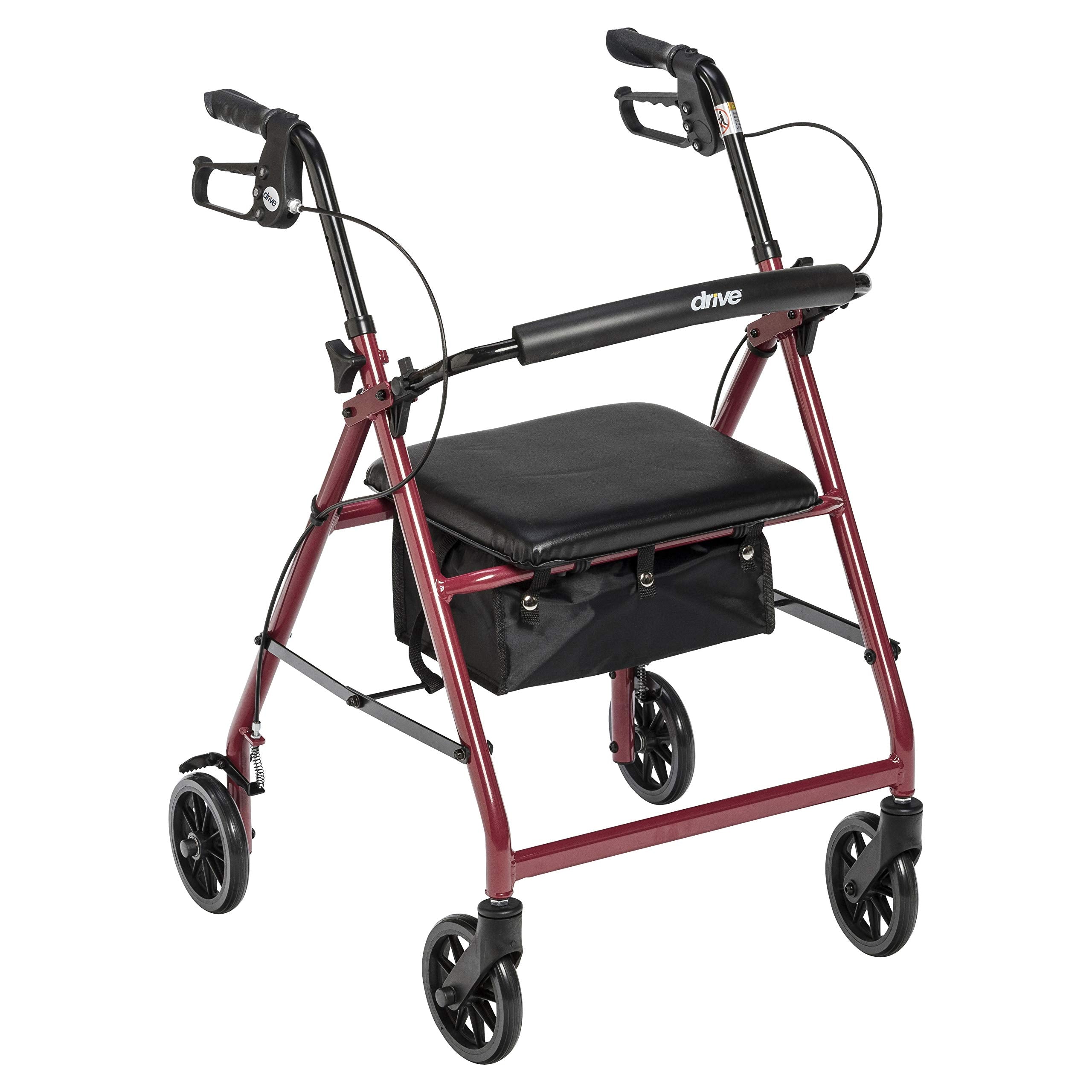 Drive Medical Aluminum Rollator Walker Fold Up and Removable Back Support, Padded Seat, 6" Wheels, Red
