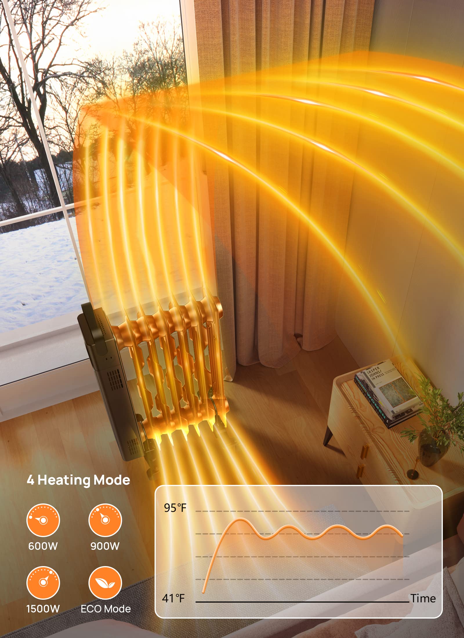 Rellorus Radiator Heater, Space Oil Filled Heater 1500W, 4 Modes, 24H Timer, Adjustable Thermostat, Quiet, Electric Portable Heater with Remote for Home, Office, Bedroom, Indoor Use