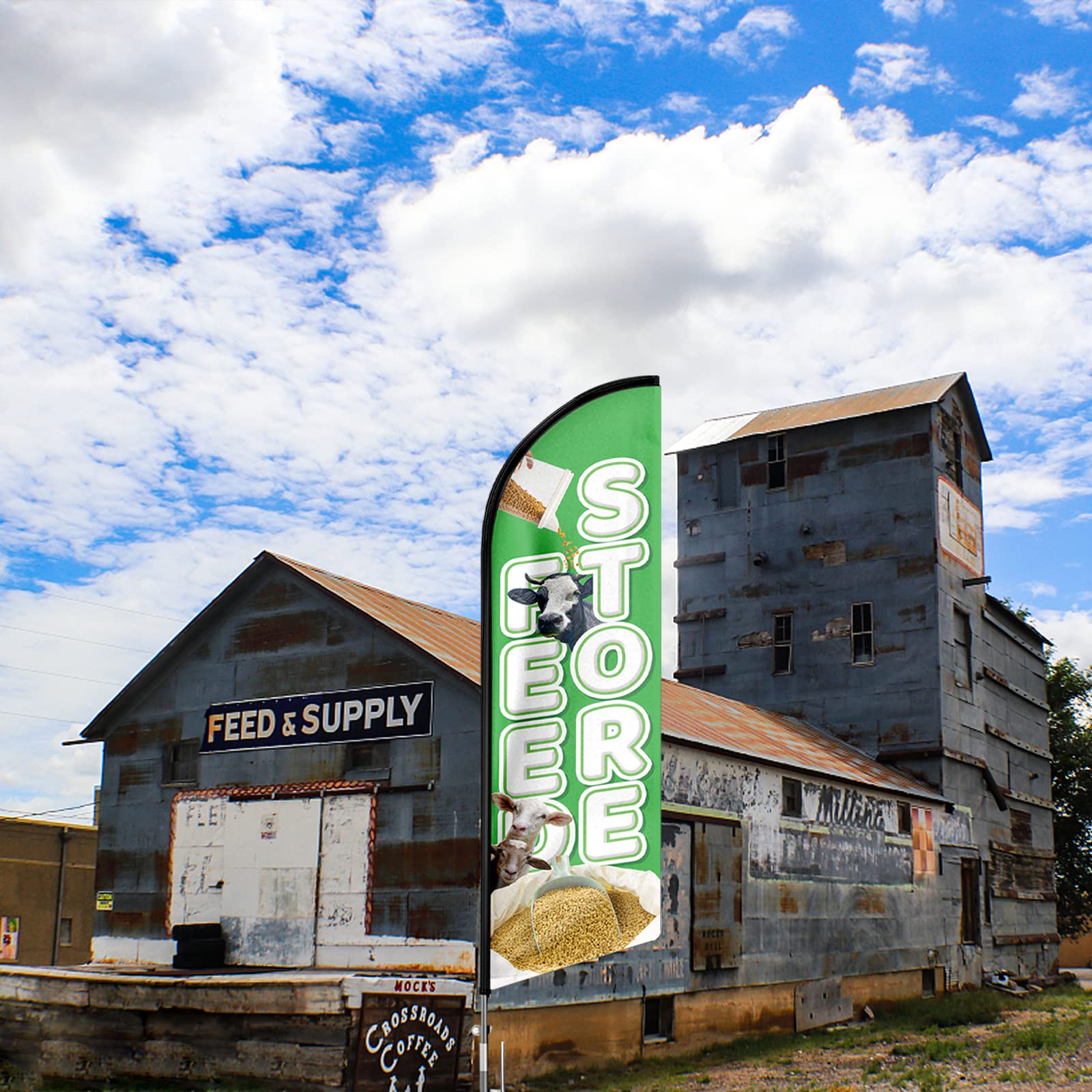 QSUM Feed Store Swooper Flag, 11FT Windless Feather Flag with Aluminum Alloy Flagpole/Stainless Steel Ground Stake/Portable Bag,Feed Store Signs for Business Advertising