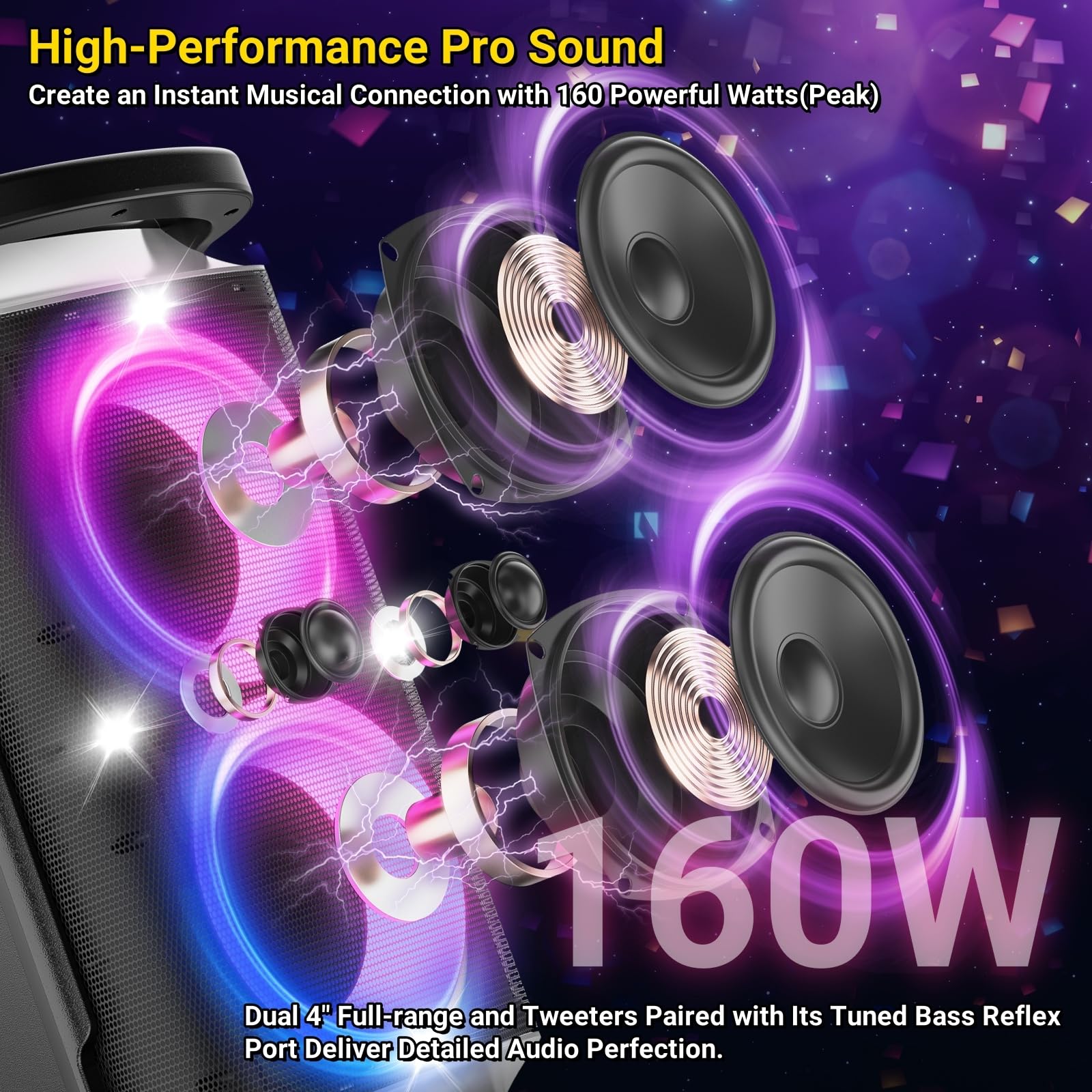 TPBEAT Portable Bluetooth Party Speaker: 160W Peak Powerful Loud Sound Deep Bass Wireless Boombox Large Subwoofer 15 Hours Battery Life Fast Charging with Led Light Show for Outdoor Camping Backyard