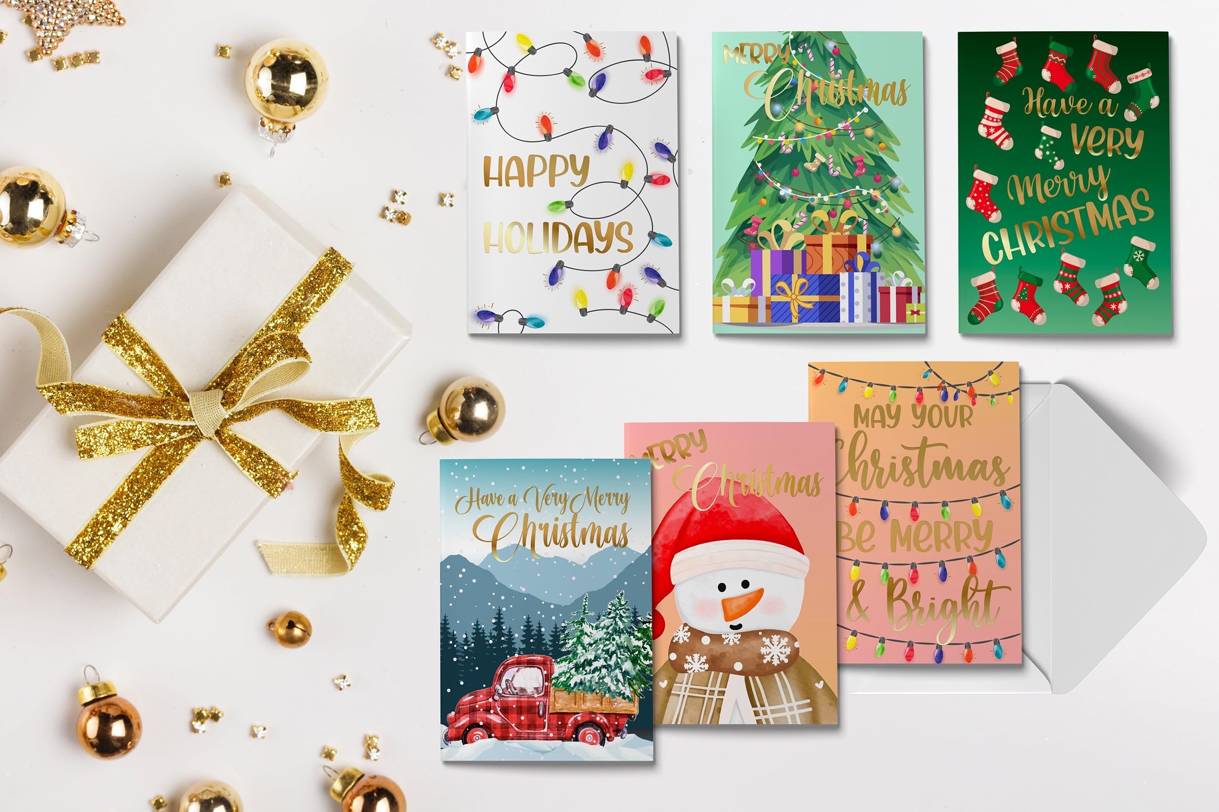 Better Office Products 50 Pack Christmas Cards Set with Gold Foil Accents, 4" x 6", Fun & Festive Designs, Blank Inside, Boxed Set