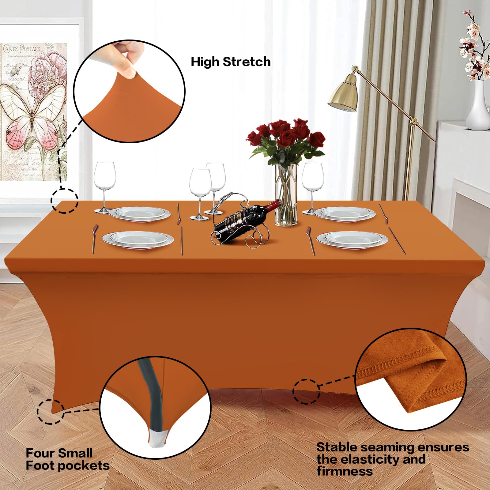 Hussome 2 Pack 8FT Table Cloth for Rectangle Table Orange Tablecloth Rectangular Fitted Stretch Spandex Table Covers 8 ft for Birthday, Cocktail, Wedding, Banquet Spring Summer Outdoor Party