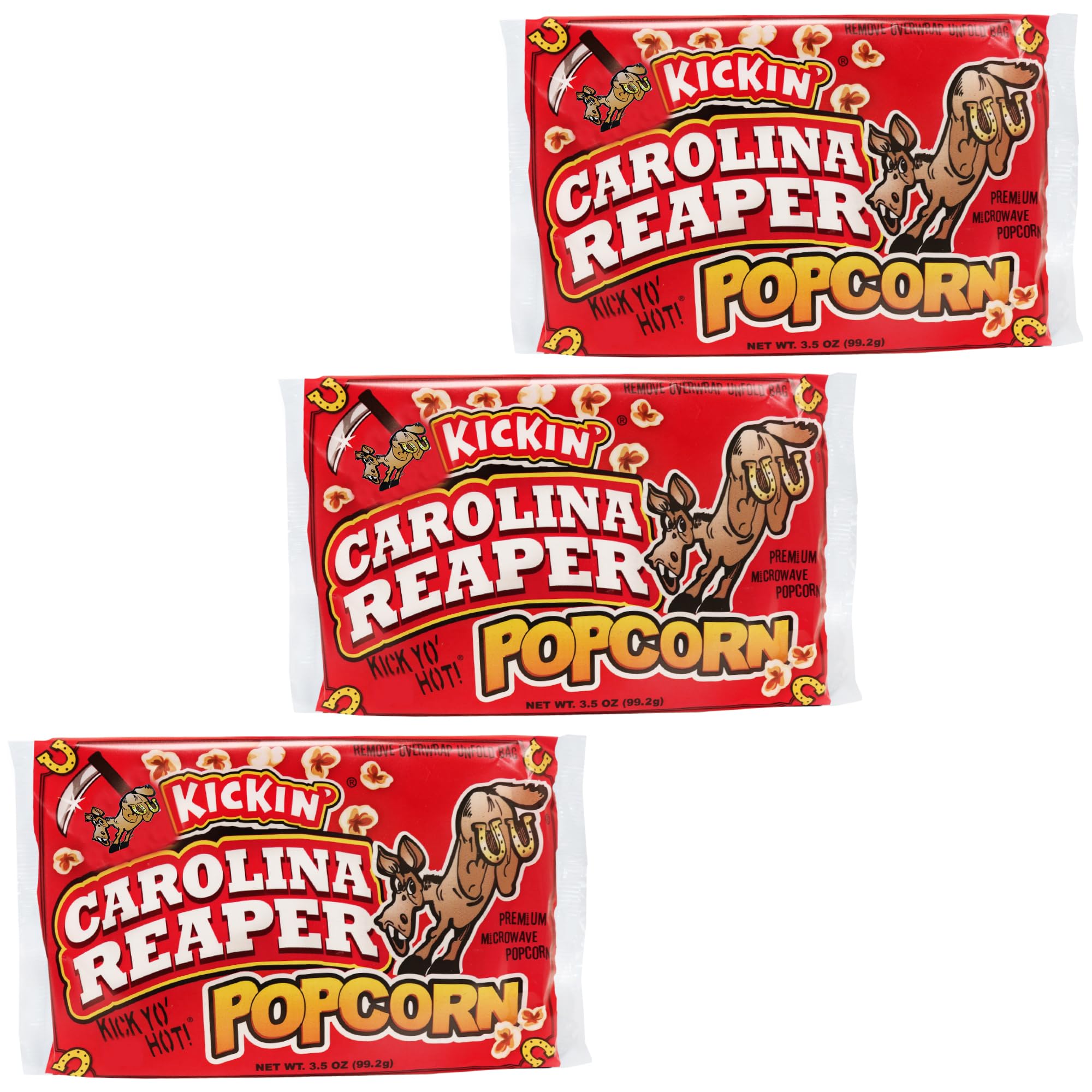 KICKIN’ Carolina Reaper Pepper Microwave Popcorn - Spicy Snacks - Pack of 3 - Ultimate Spicy Gourmet Gift Popcorn - Makes a Great Movie Theater Popcorn or Snack Food - Try if you dare!