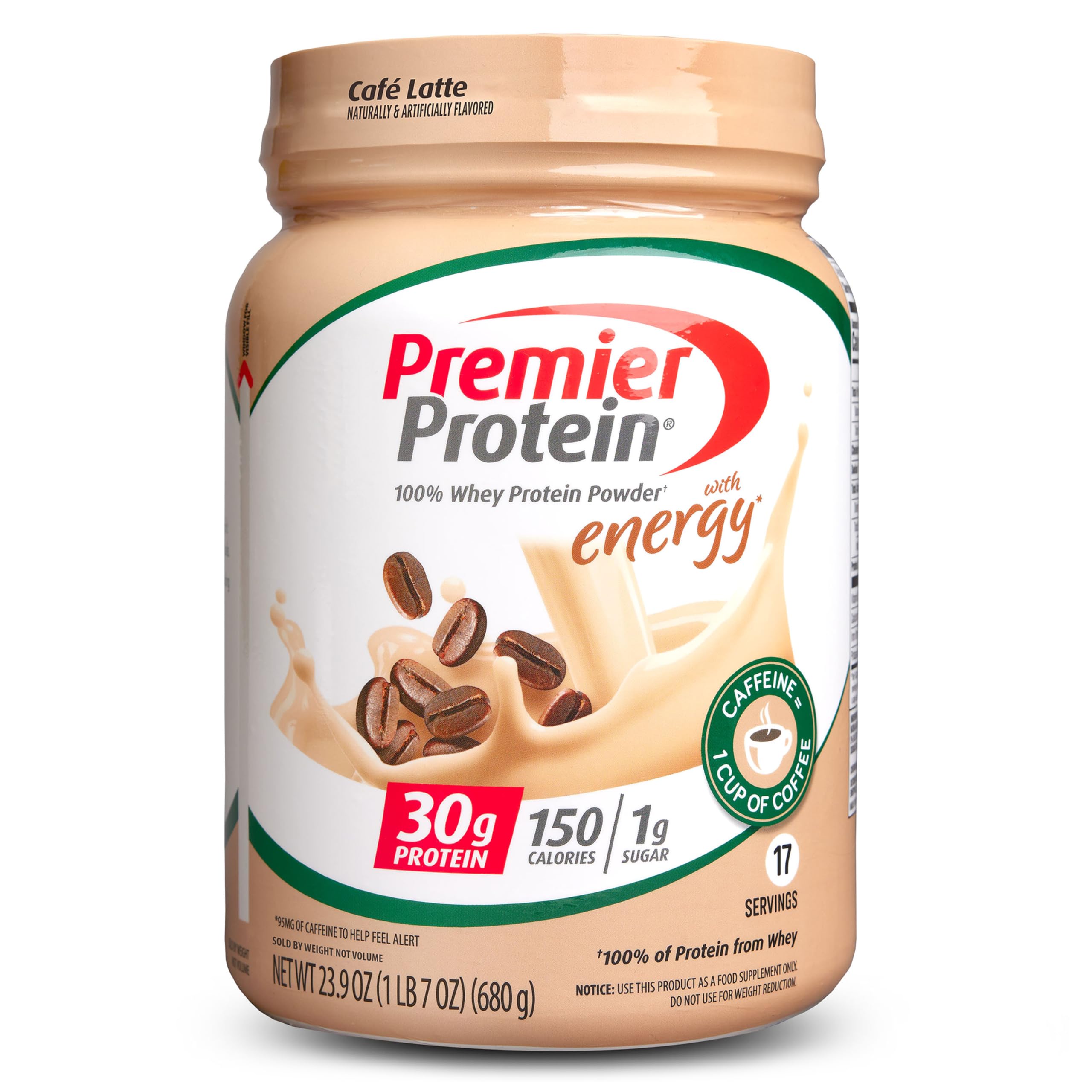 Premier Protein Powder, Cafe Latte, 30g Protein, 1g Sugar, 100% Whey Protein, Keto Friendly, No Soy Ingredients, Gluten Free, 17 Servings, 23.9 Ounce (Pack of 1)