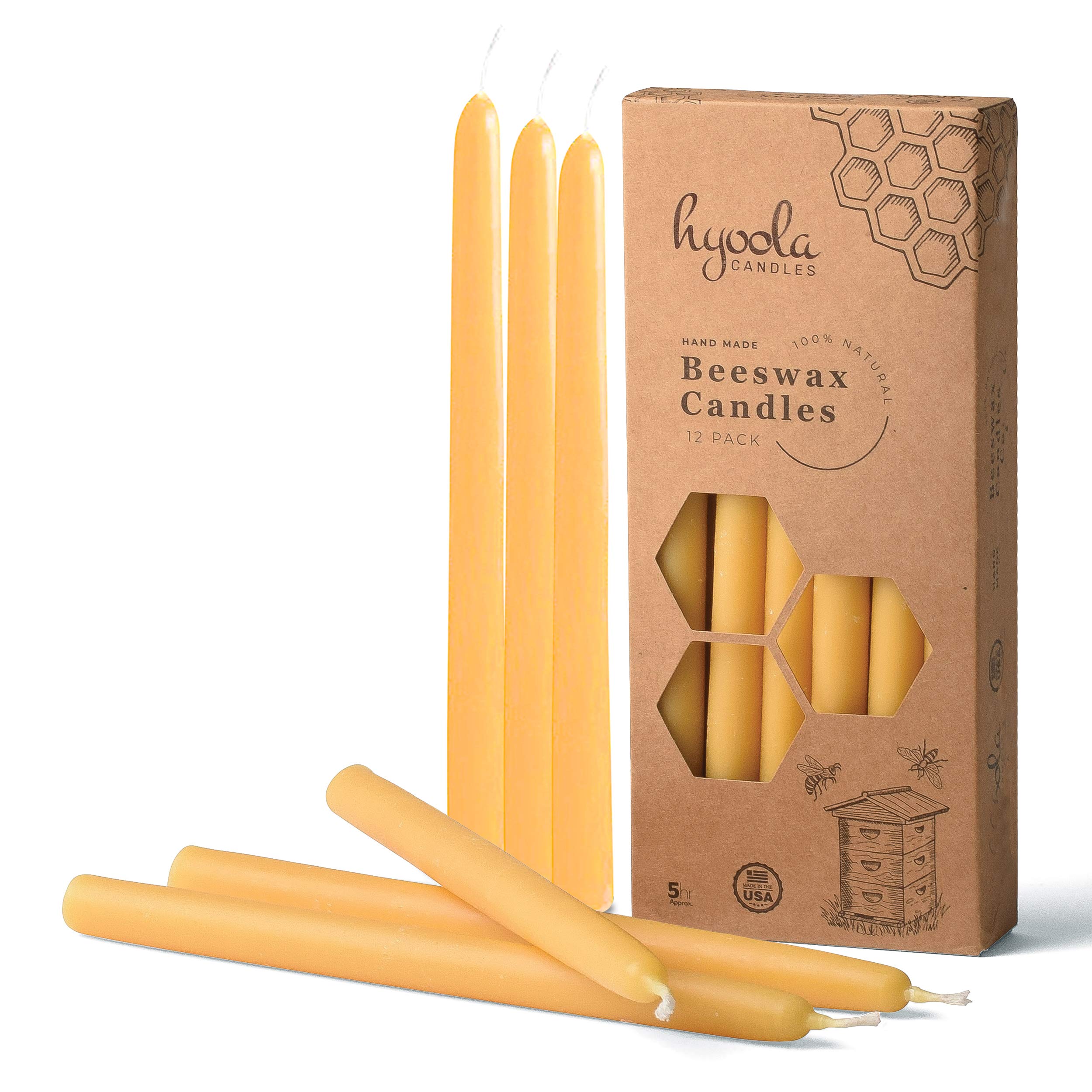 Hyoola 9 Inch Beeswax Taper Candles 12 Pack – Handmade, All Natural, 100% Pure Unscented Bee Wax Candle - Tall, Decorative, Golden Yellow – 5 Hour Burn Time