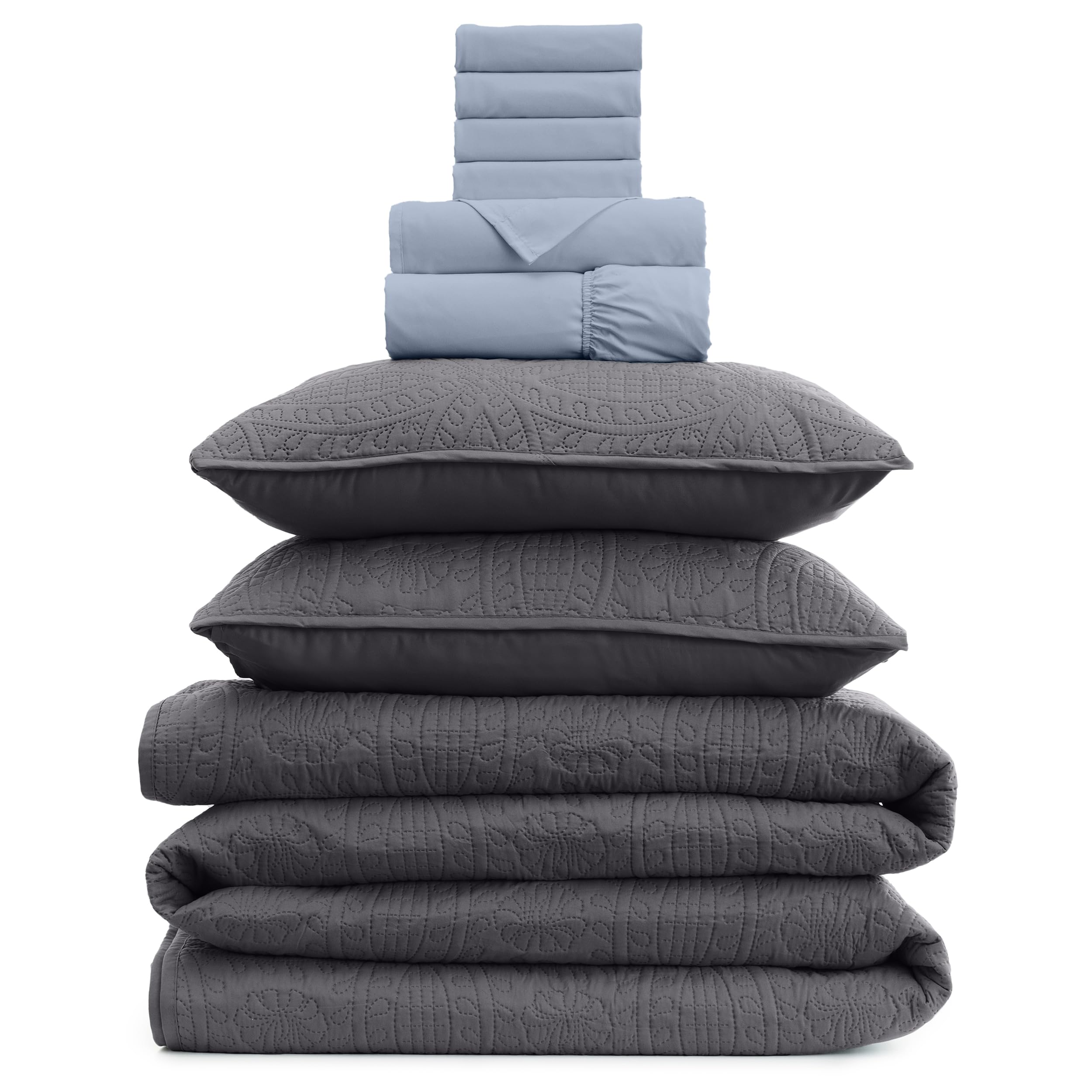 Mellanni Bedspread Coverlet Set + 6PC Sheets Set Bundle&Save - Iconic Collection Bedding - Bundle Includes: 3 Piece Oversized Quilt Set and 6 Piece Bed Sheet Set (King, Gray/Blue Hydrangea)