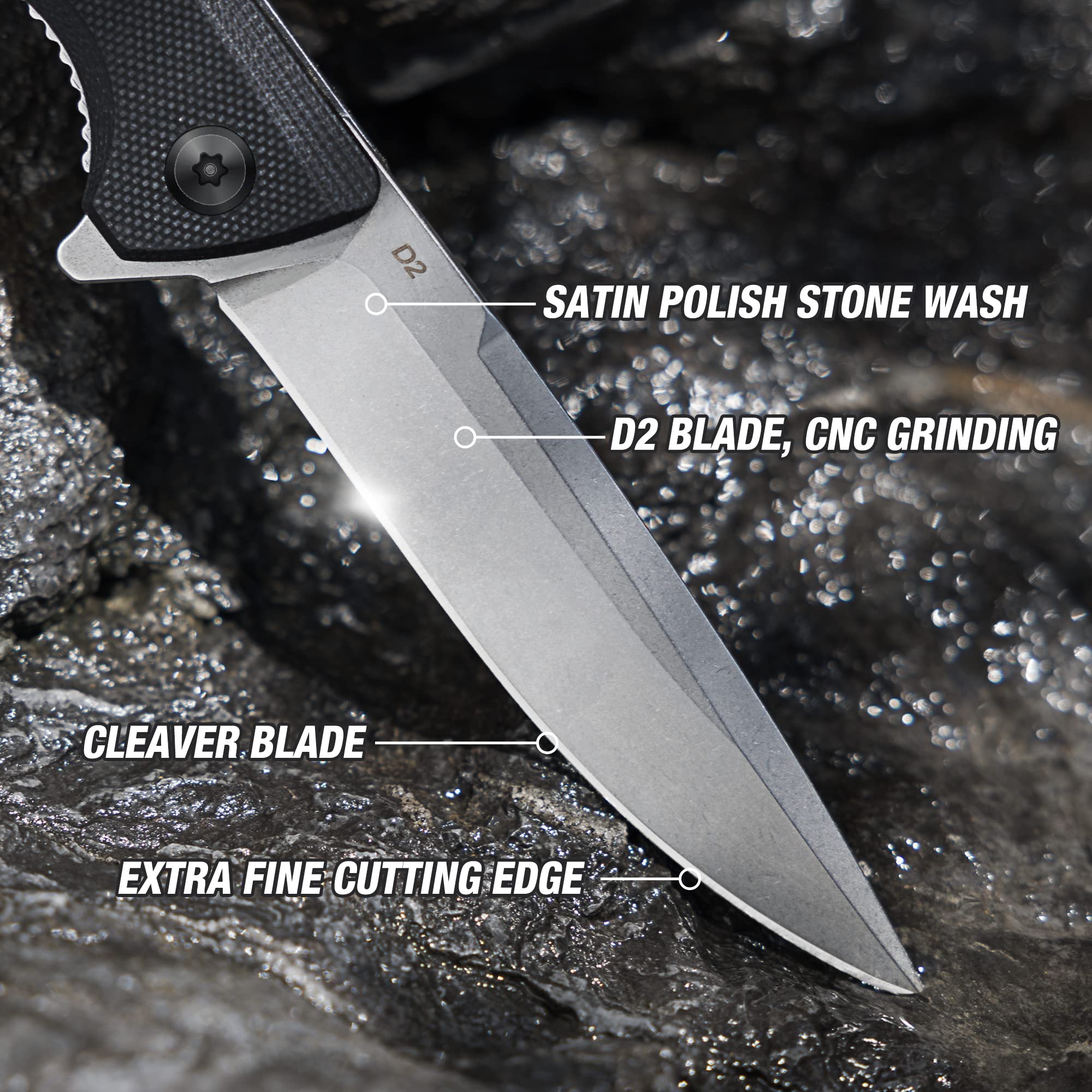 FLISSA Pocket Knife, Folding EDC Knife, 4 inch D2 Blade, G10 Handle, for Outdoors, Hiking, Camping, Black