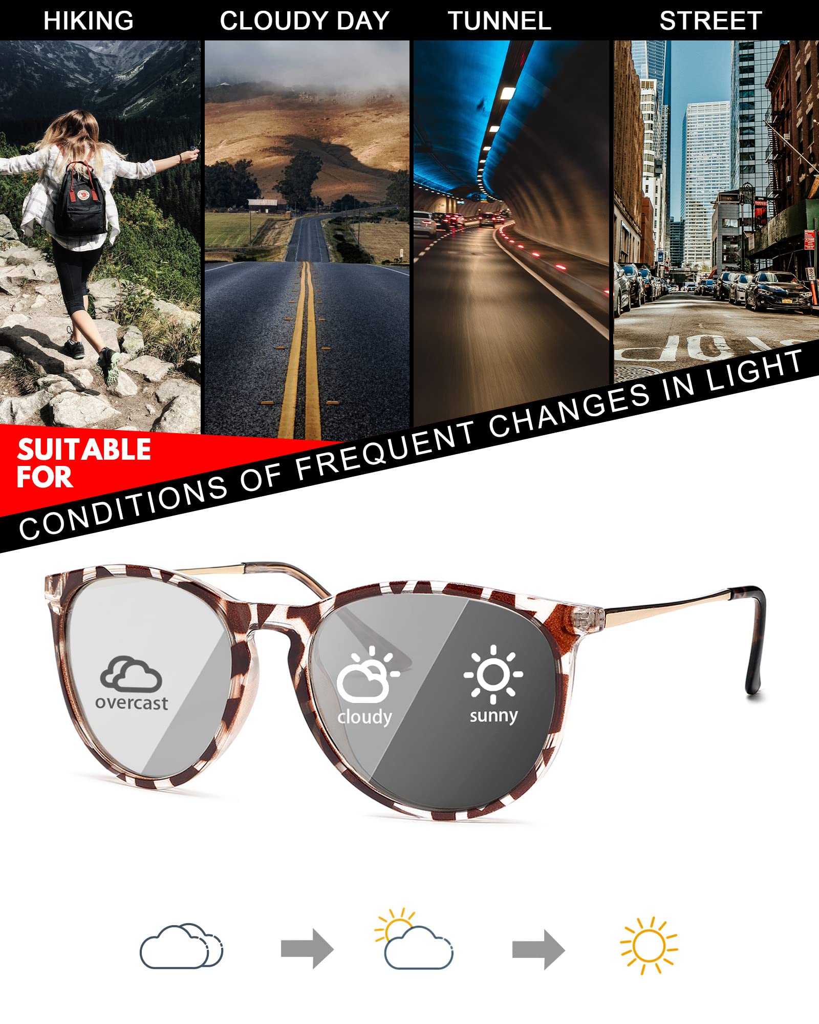 TJUTR Photochromic Sunglasses for Women Men, Day & Night Driving Safety Glasses with Polarized UV Protection