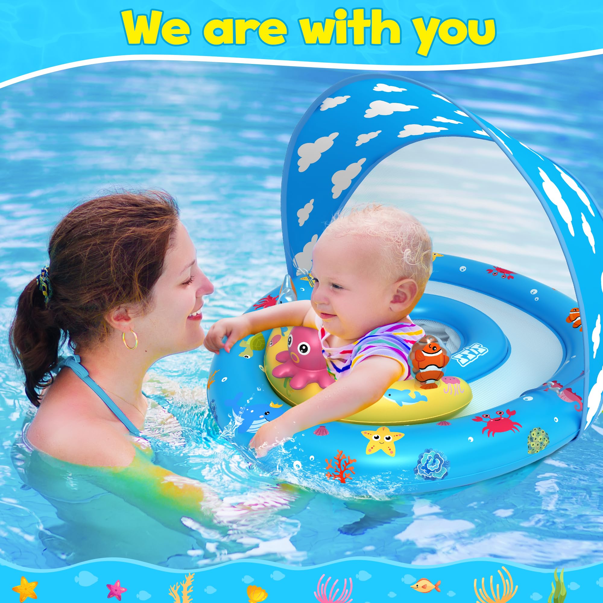 ZIZZ Baby Swim Float Toys - Baby Pools 6-12 Months, Pool Float with Canopy Swimming Toys for Baby 6-12 Months & 1 2 Year Old Toddler Summer Outdoor Play Kids Boy Girl Gifts