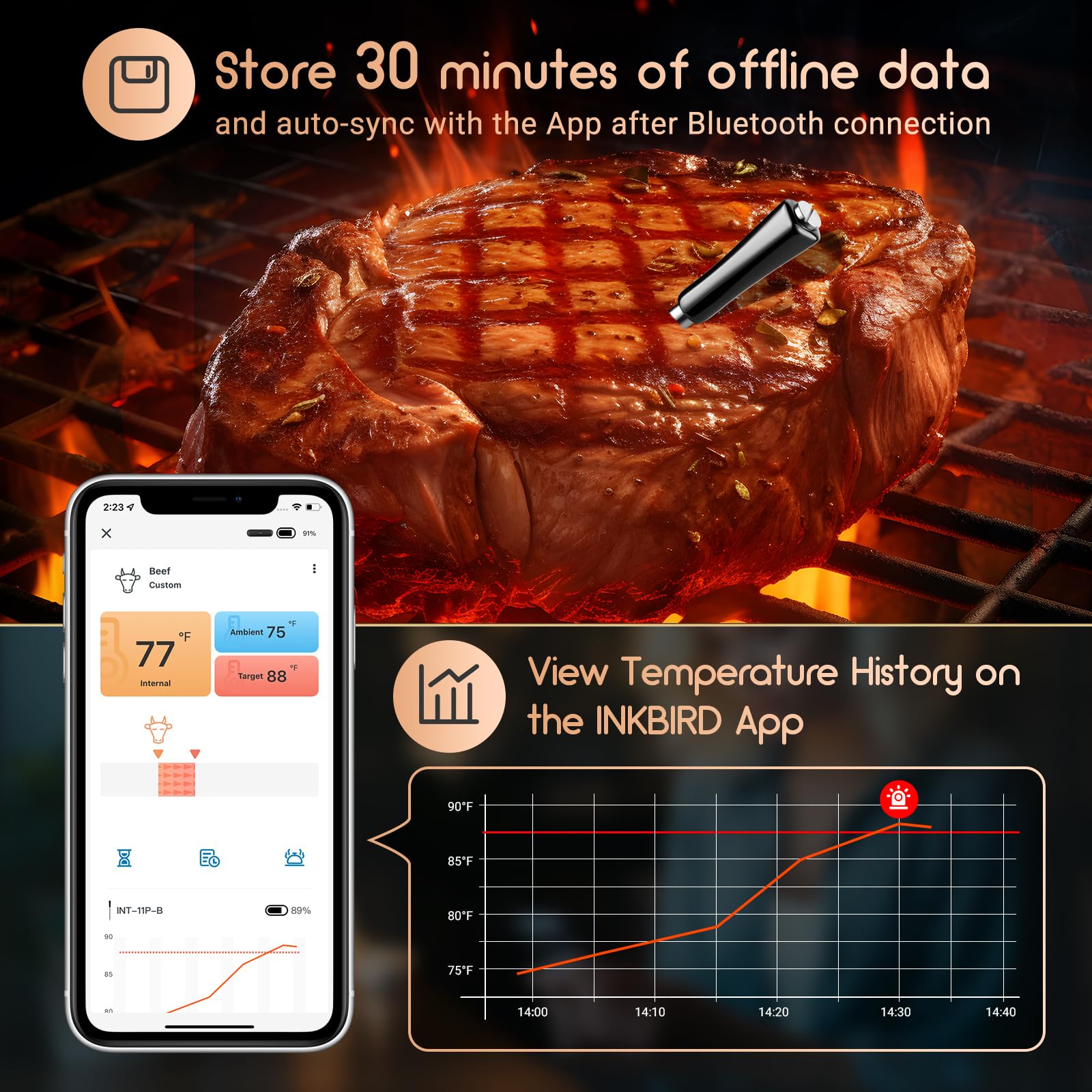 INKBIRD Wireless Meat Thermometer INT-11P-B, Bluetooth Meat Thermometer Wireless for Grilling Smoking, IP67 Waterproof Smart Meat Probe for BBQ Grill Smoker Rotisserie Rechargeable Box Gifts for Men