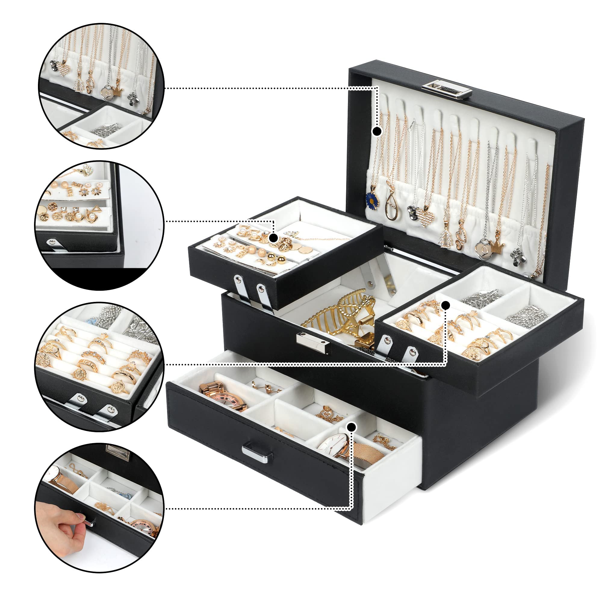 Dajasan Jewelry Boxes for Women Girls, Jewelry Organizer Box, 3 Layers Jewelry Storage Organizer for Earring, Ring, Necklace, Bracelets (Black)