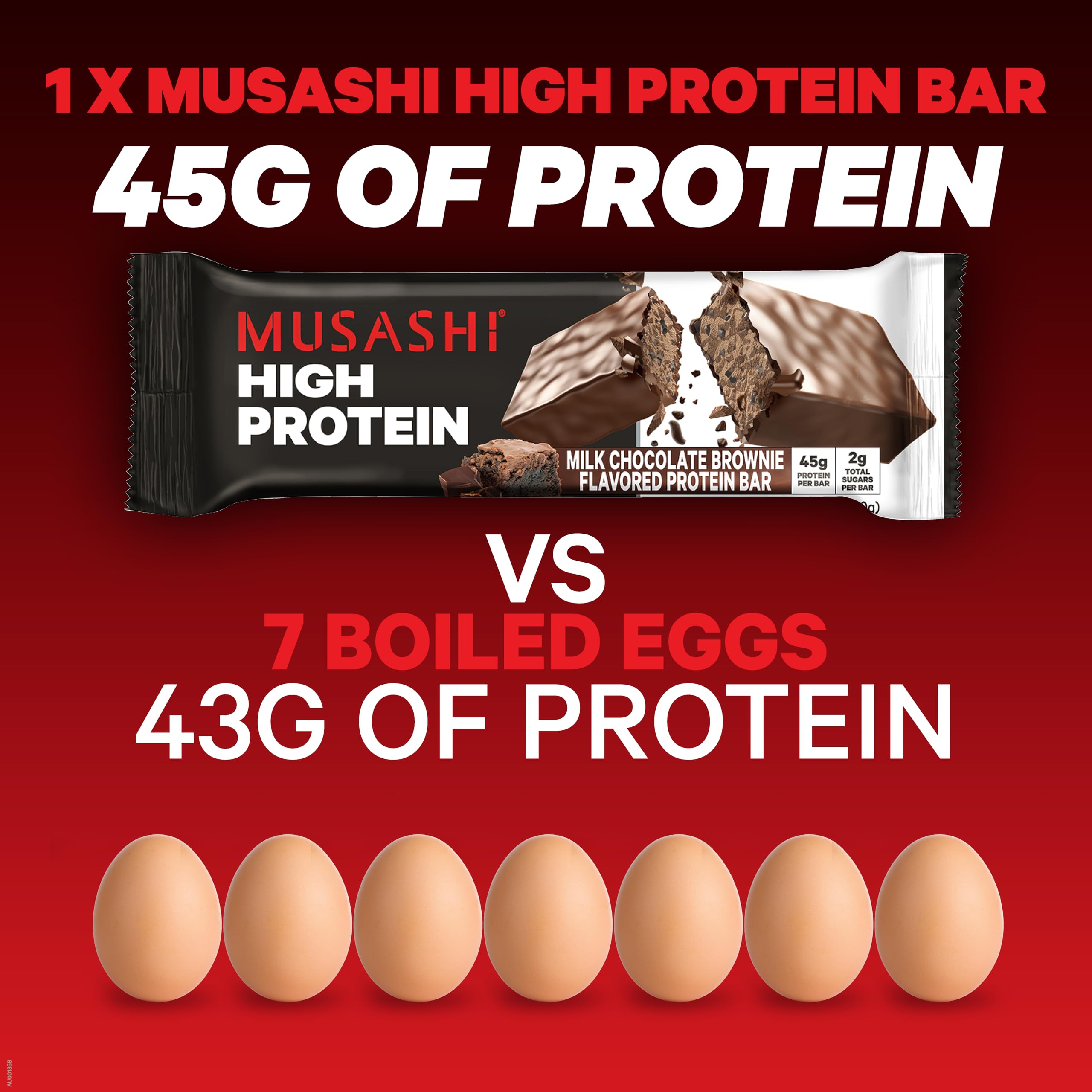 MUSASHI High Protein Bar, 45g Protein, 2g Total Sugars, Milk Chocolate Brownie, Post Workout and Protein Snack On The Go, 12 Pack of 3.2oz (90g) Bars