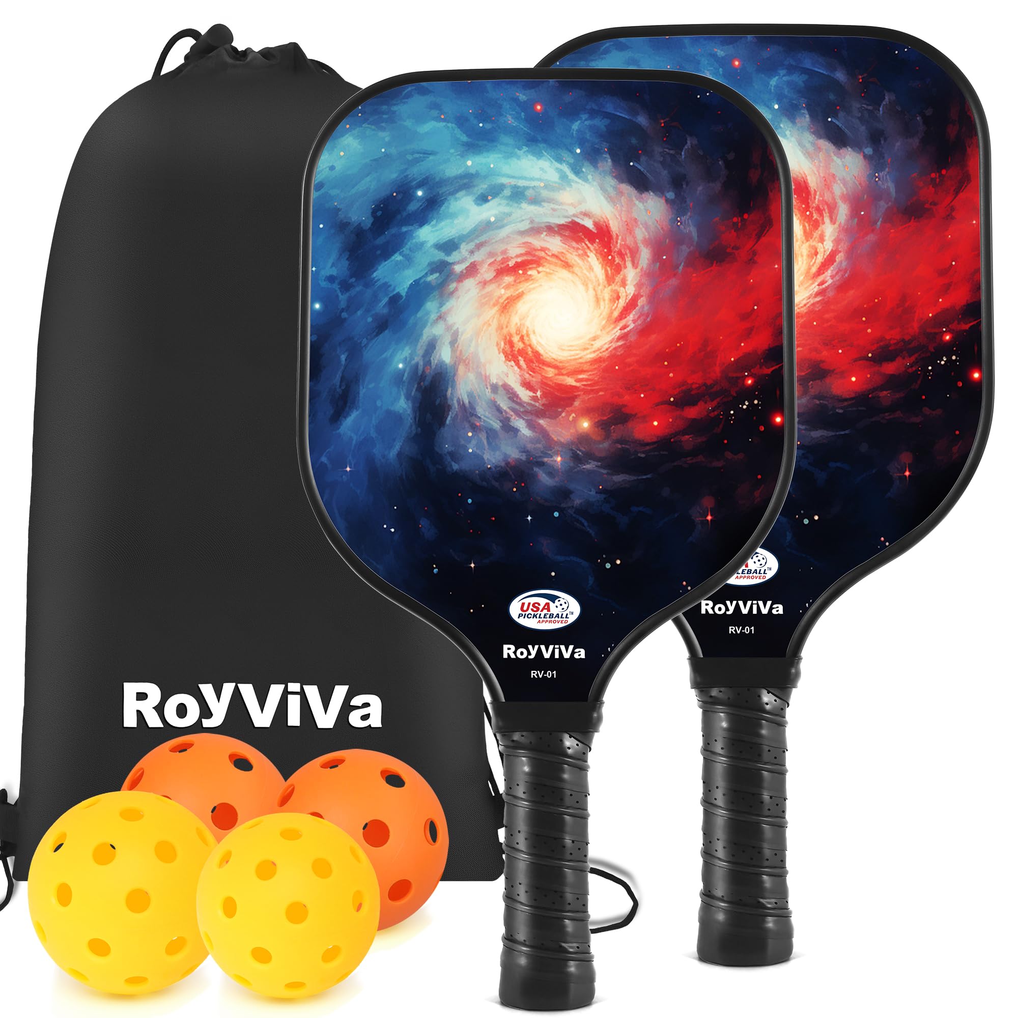 Pickleball Paddles Set of 2,USAPA Approved Fiberglass Pickleball Paddles Set 2023 RV-01,Include 2 Fiberglass Surface Pickleball Rackets,2 40-Hole Indoor Balls,2 26-Hole Outdoor Balls,1 Carrying Bag