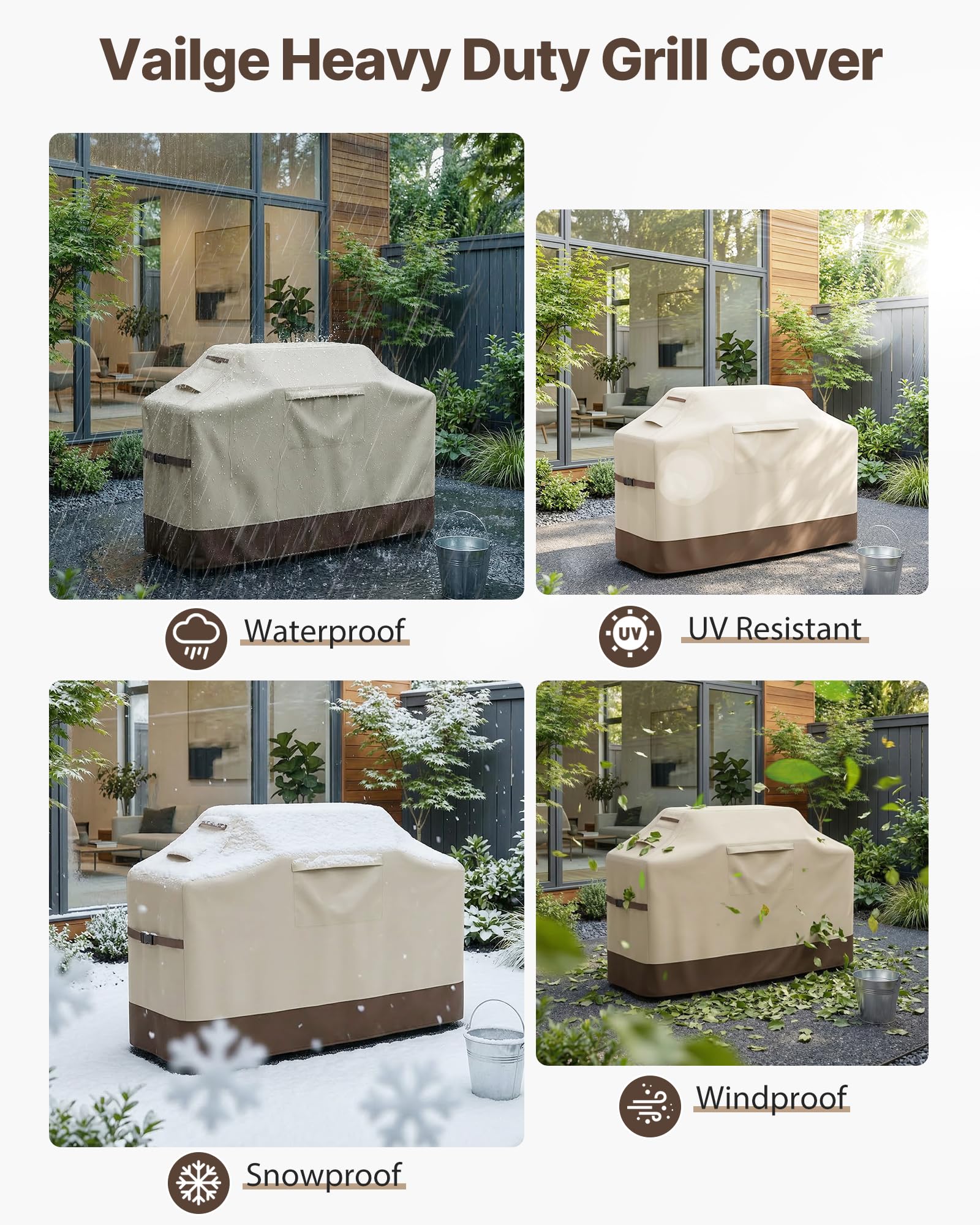 Vailge Grill Cover for Outdoor Grill, 58-inch Waterproof BBQ Cover,600D Heavy Duty Gas Grill Cover, UV & Dust & Rip & Fading Resistant,Suitable for Weber, Brinkmann, Char Broil Grills and More,Beige