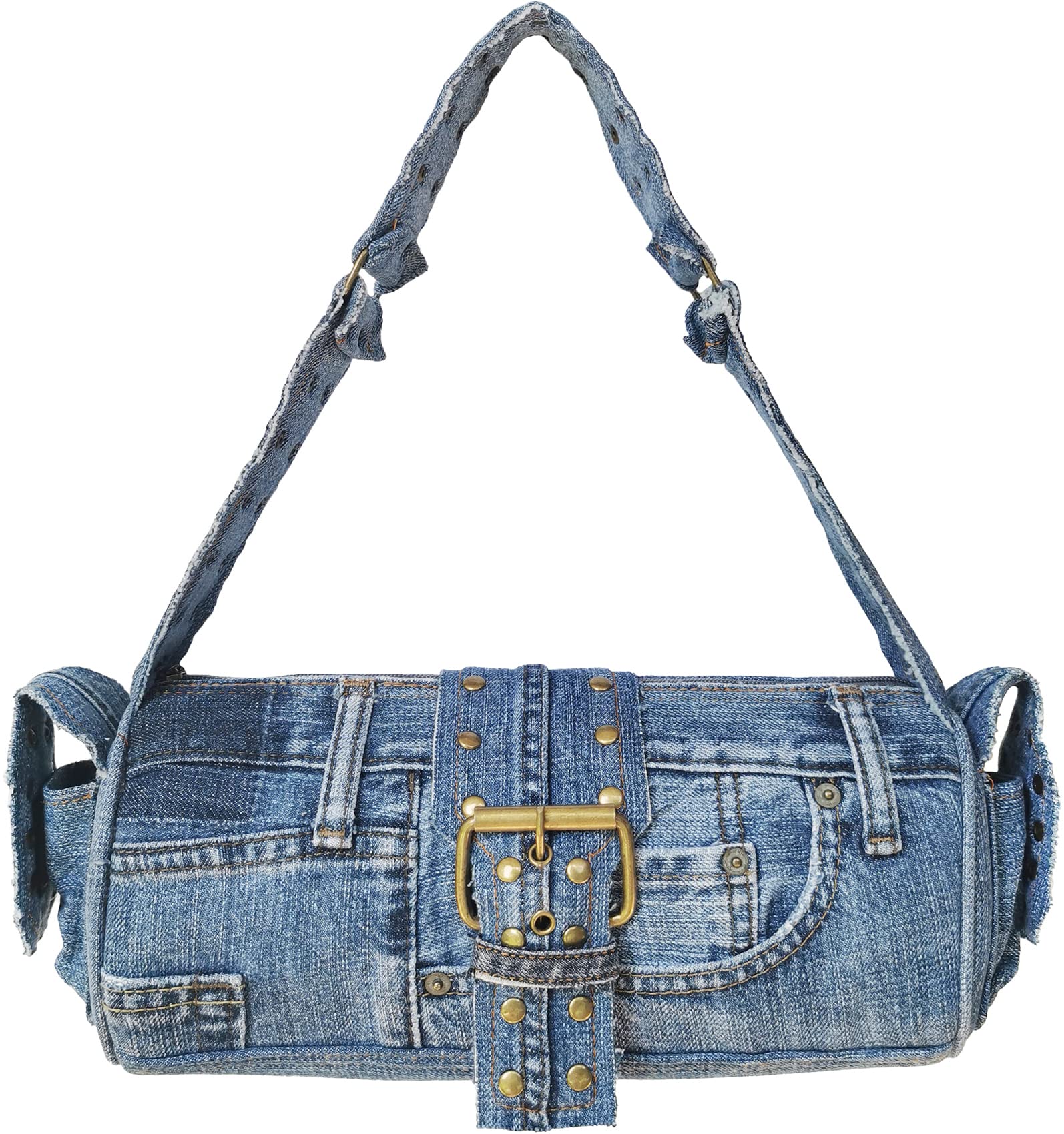 Upcycling Blue Denim Jeans Punk Brass Rivet Studded Buckle Belt Decorative Barrel Shoulder Handle Handbag Purse