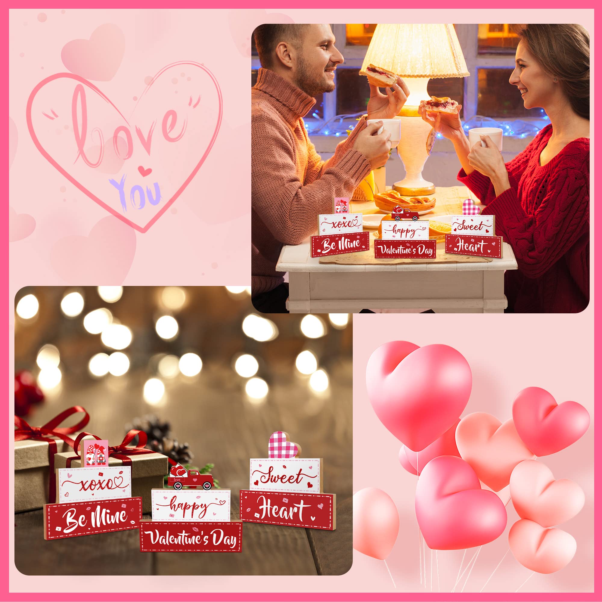 3 PCS Valentine's Day Wooden Sign Table Decor, Happy Valentine's Tabletop Centerpiece XOXO Be Mine Valentine Decorations for Tables, Valentine's Day Presents Wood Love Heart Desk Mantle Shelf Decoration